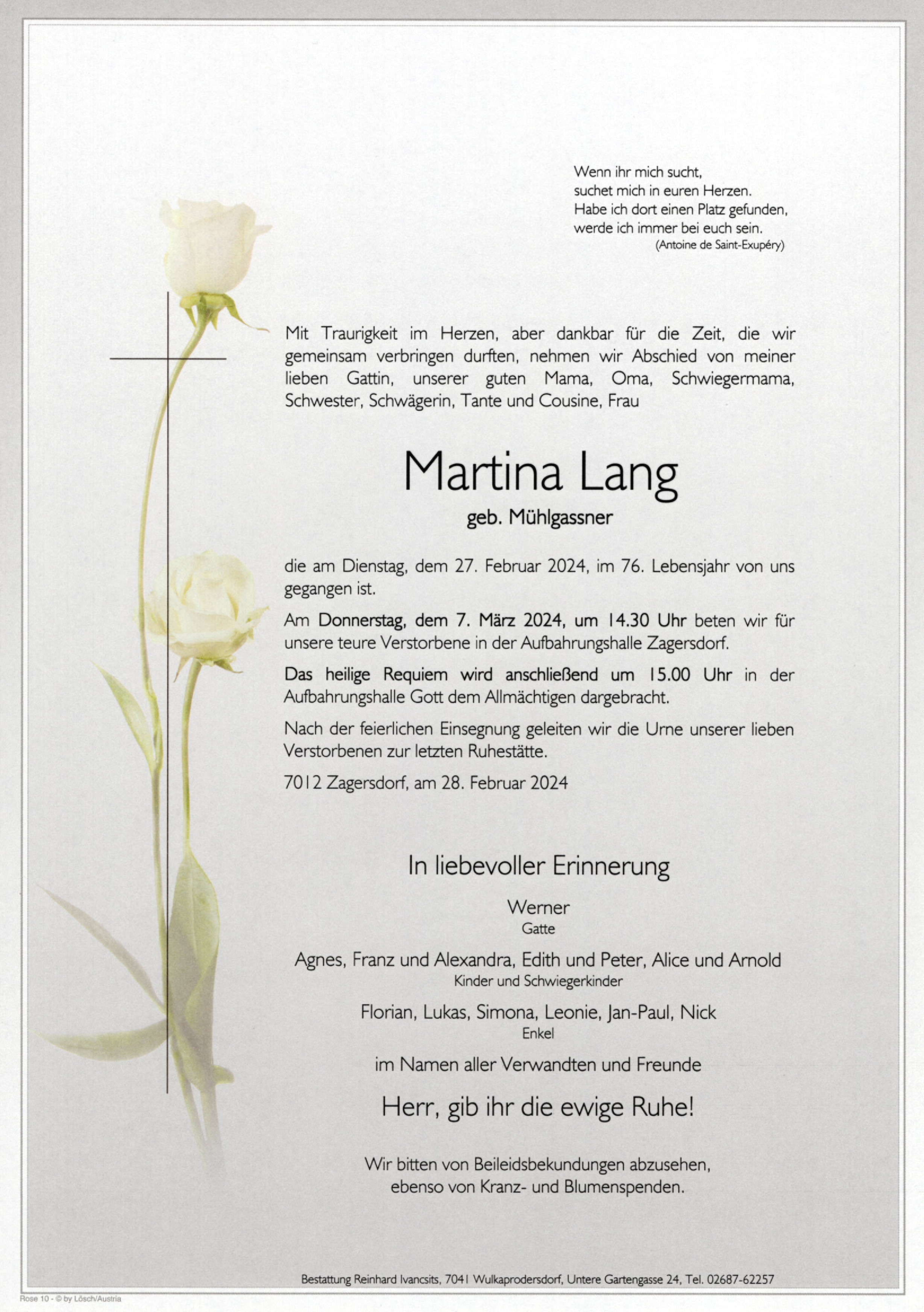Traueranzeige von Martina Lang