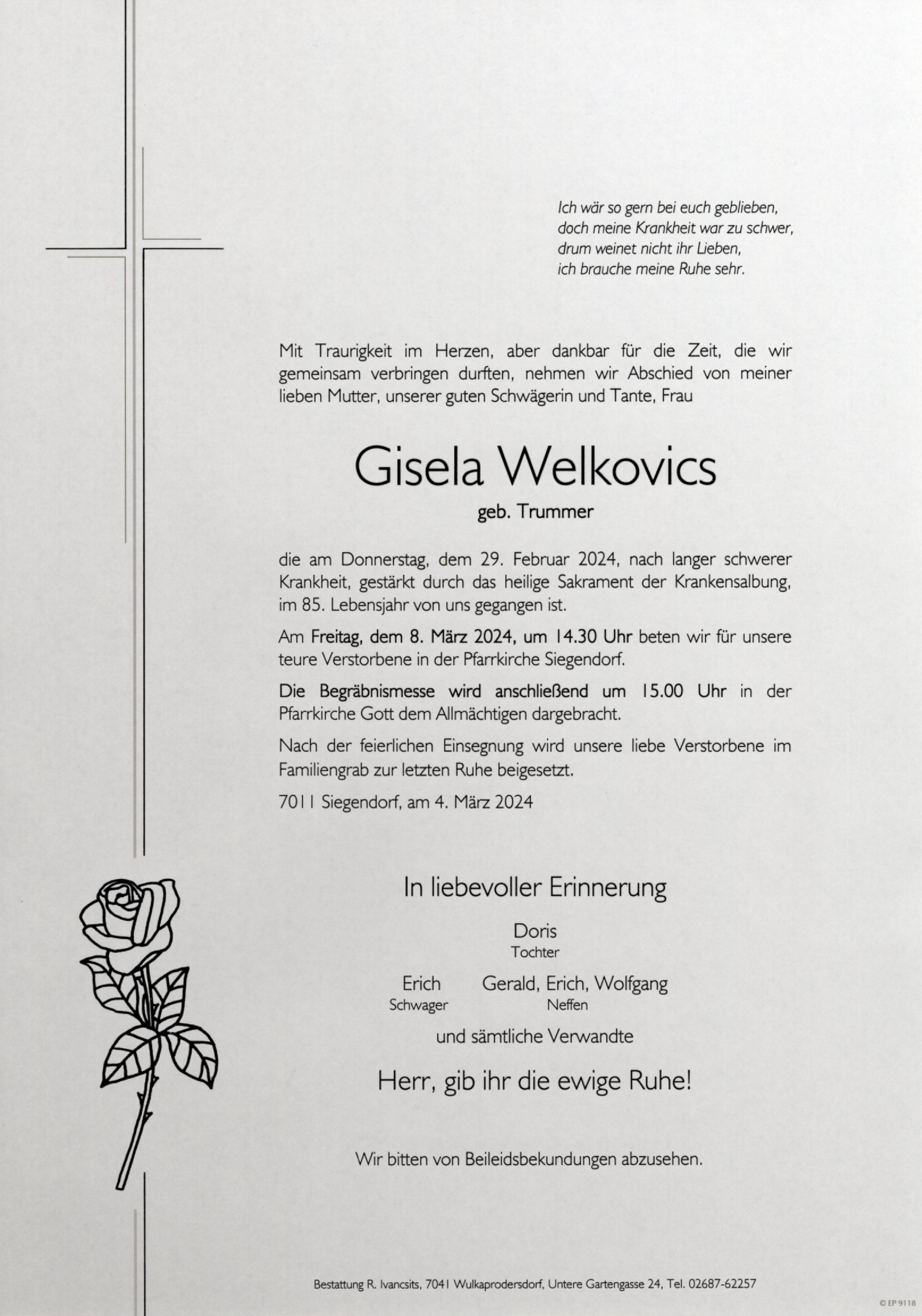 Traueranzeige von Gisela Welkovics