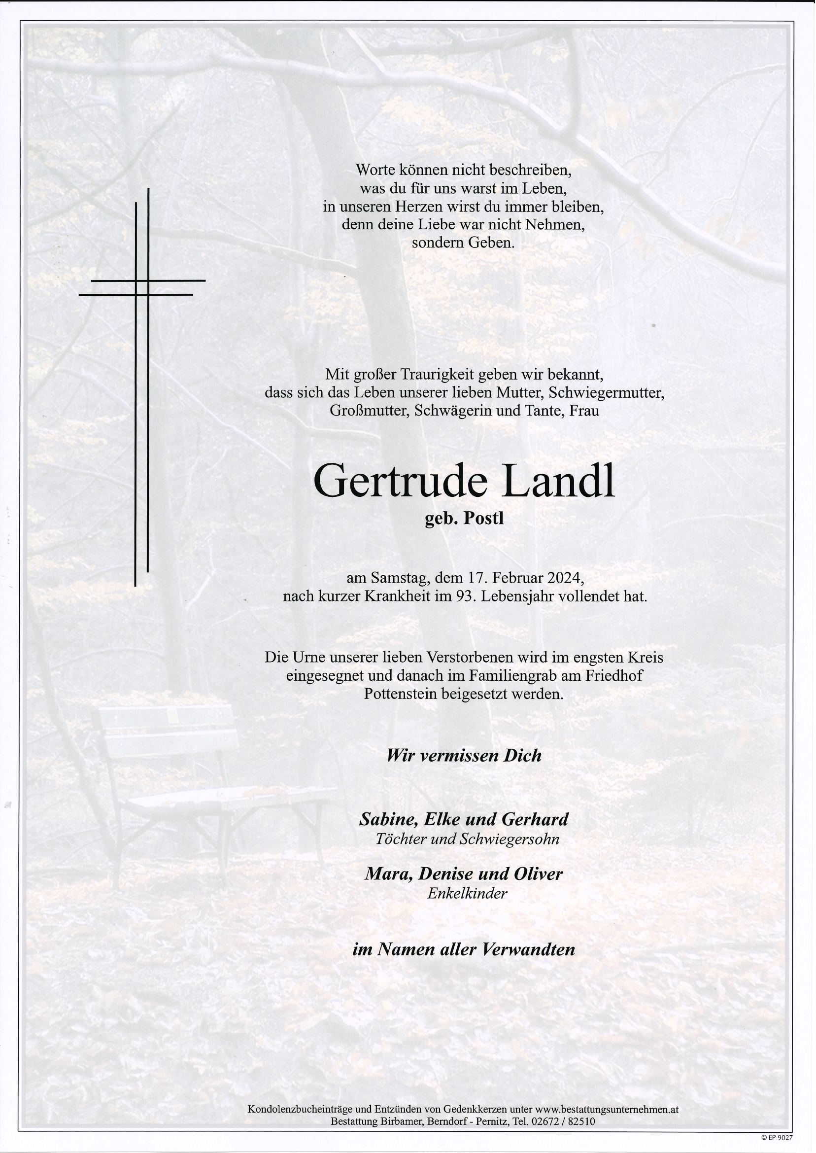 Traueranzeige von Gertrude Landl