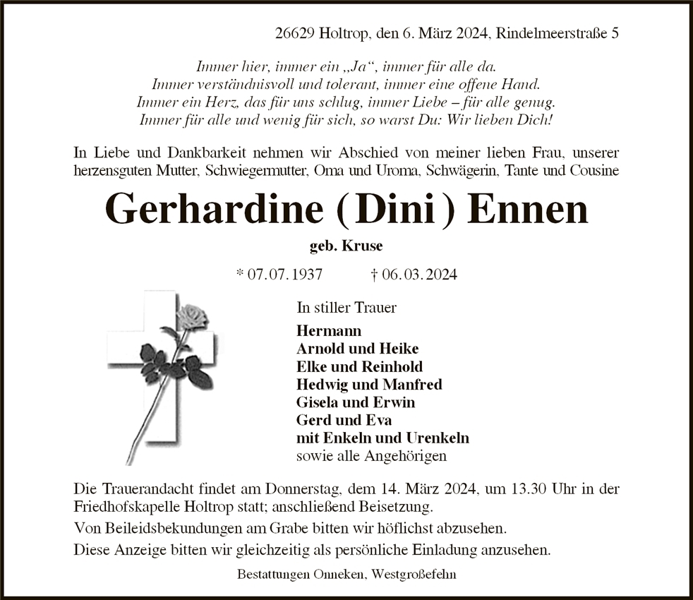 Traueranzeige von Gerhardine Ennen