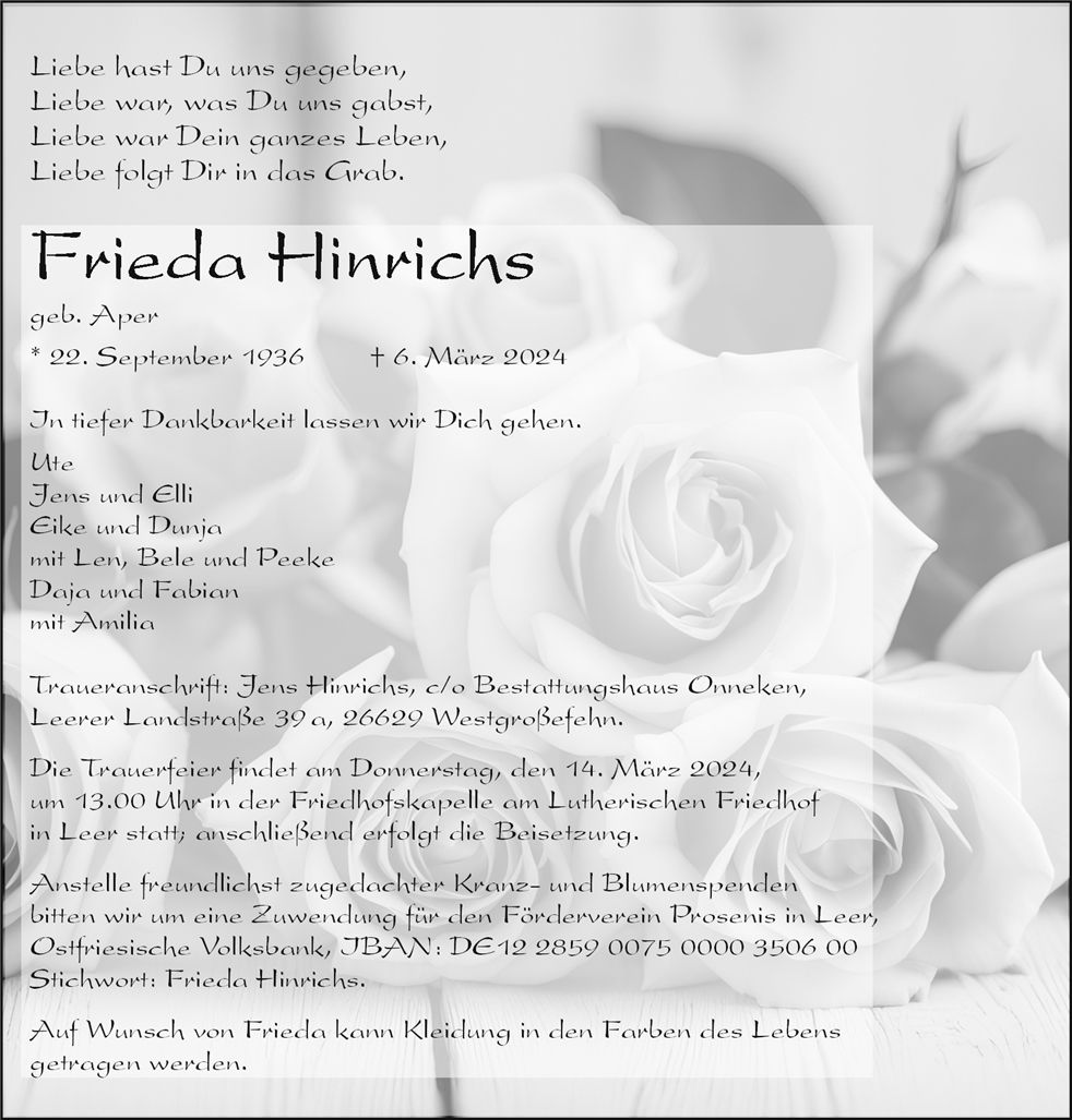 Traueranzeige von Frieda Hinrichs