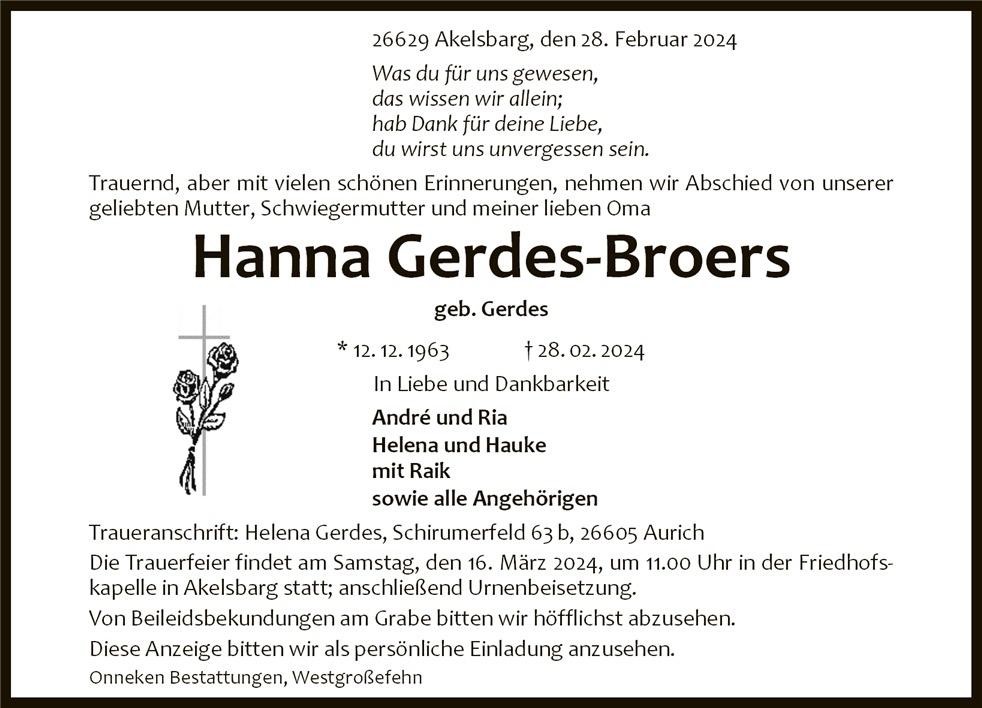 Traueranzeige von Hanna Gerdes-Broers