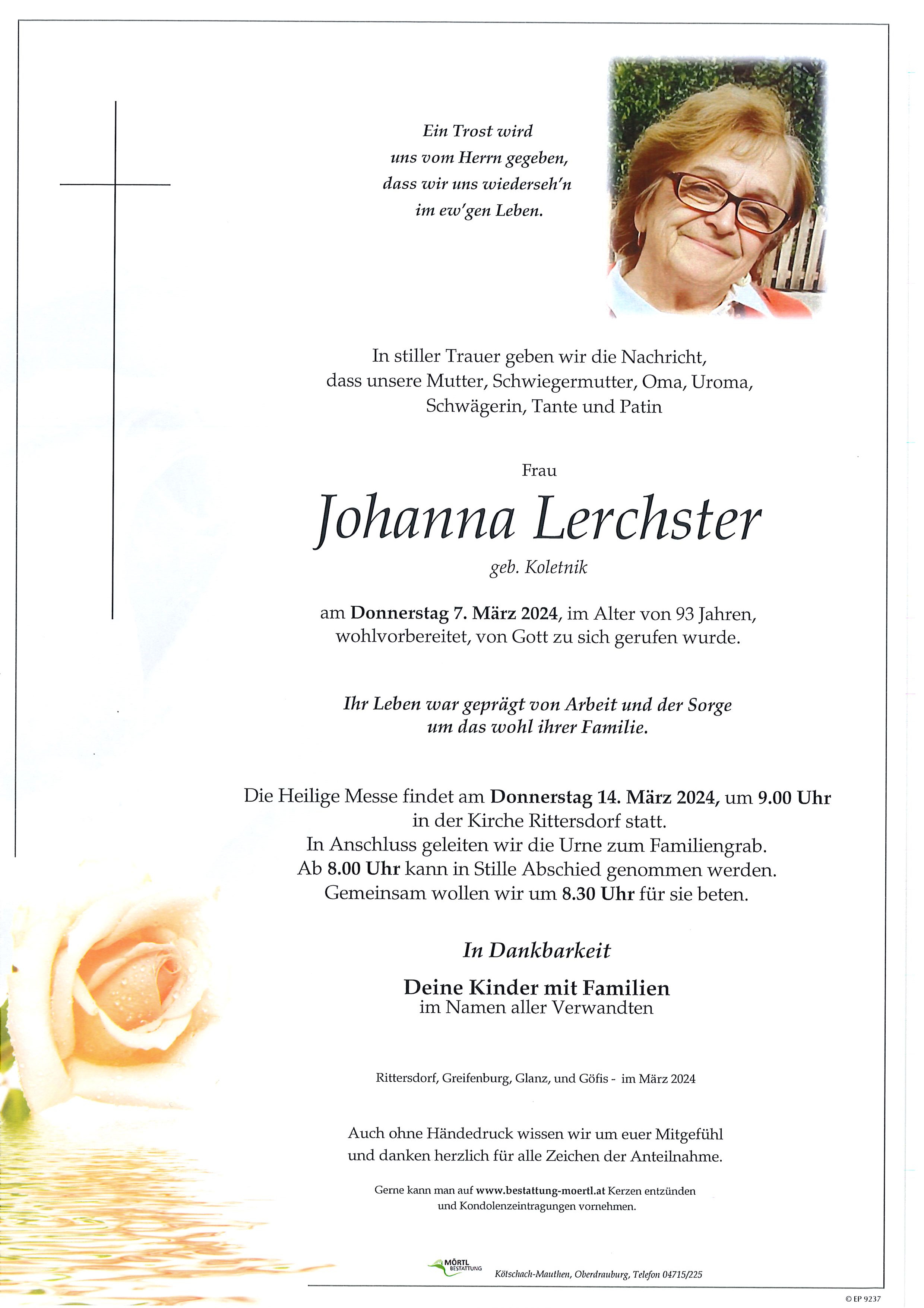 Traueranzeige von Johanna Lerchster