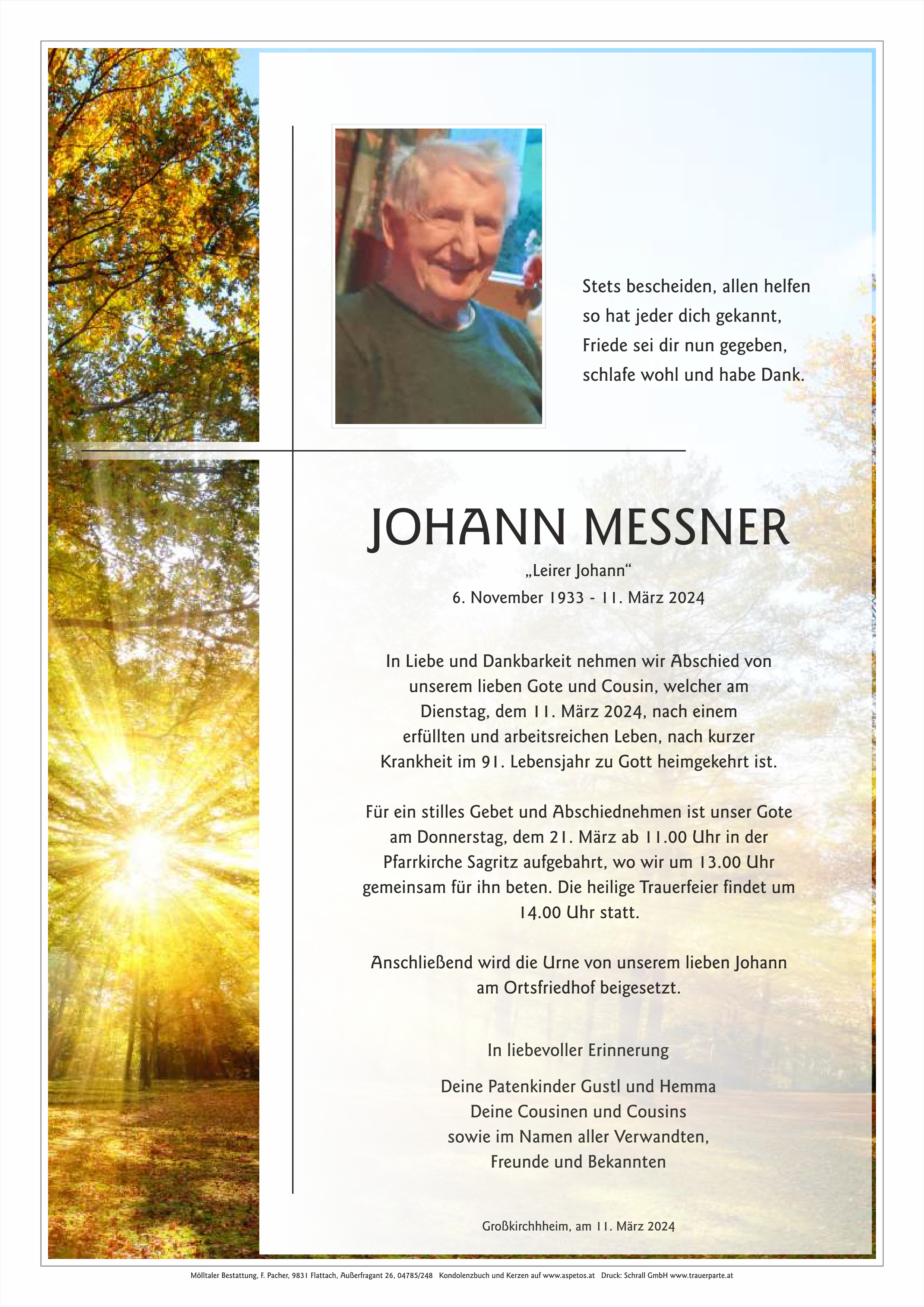 Traueranzeige von Johann Messner