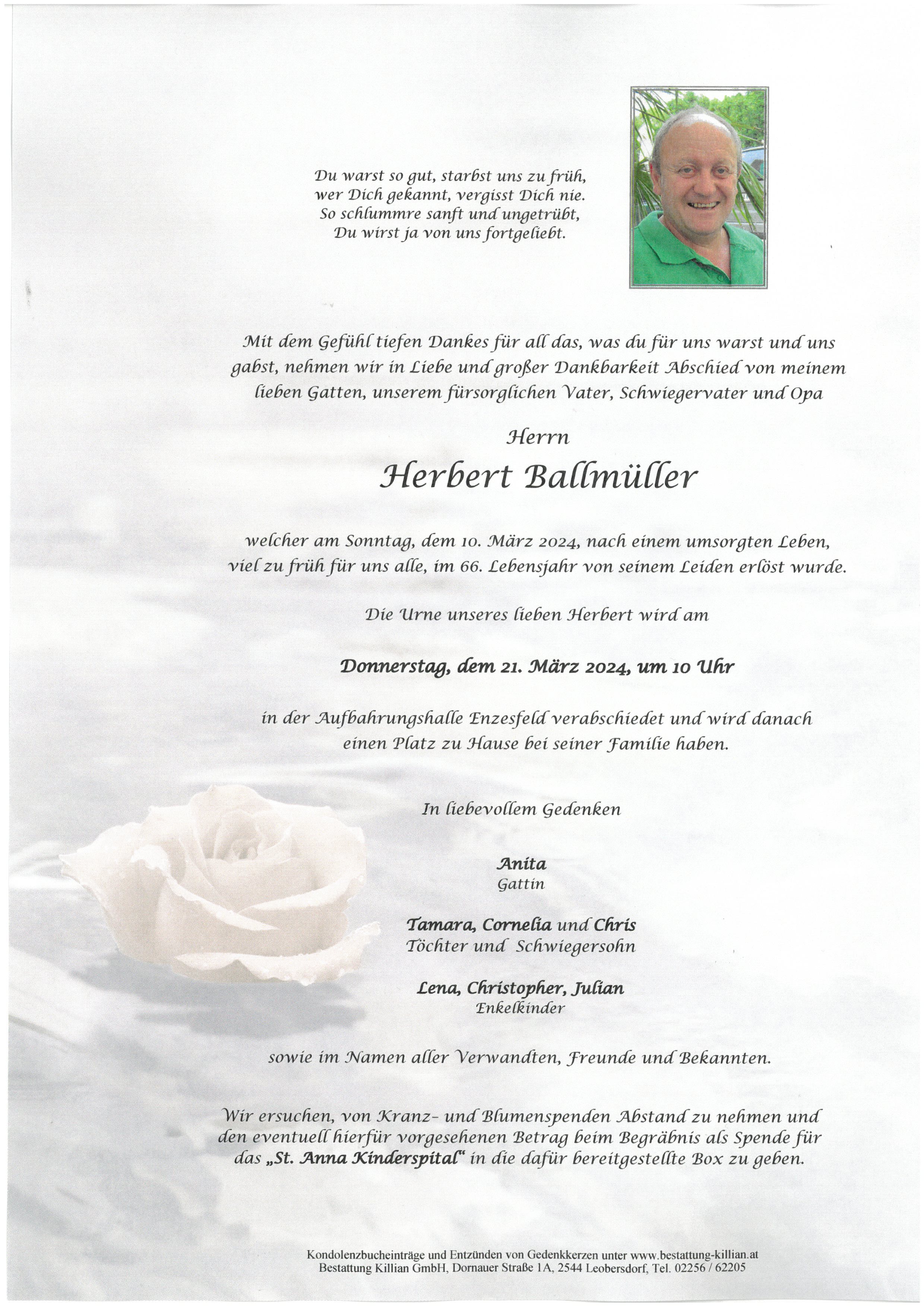 Traueranzeige von Herbert  Ballmüller