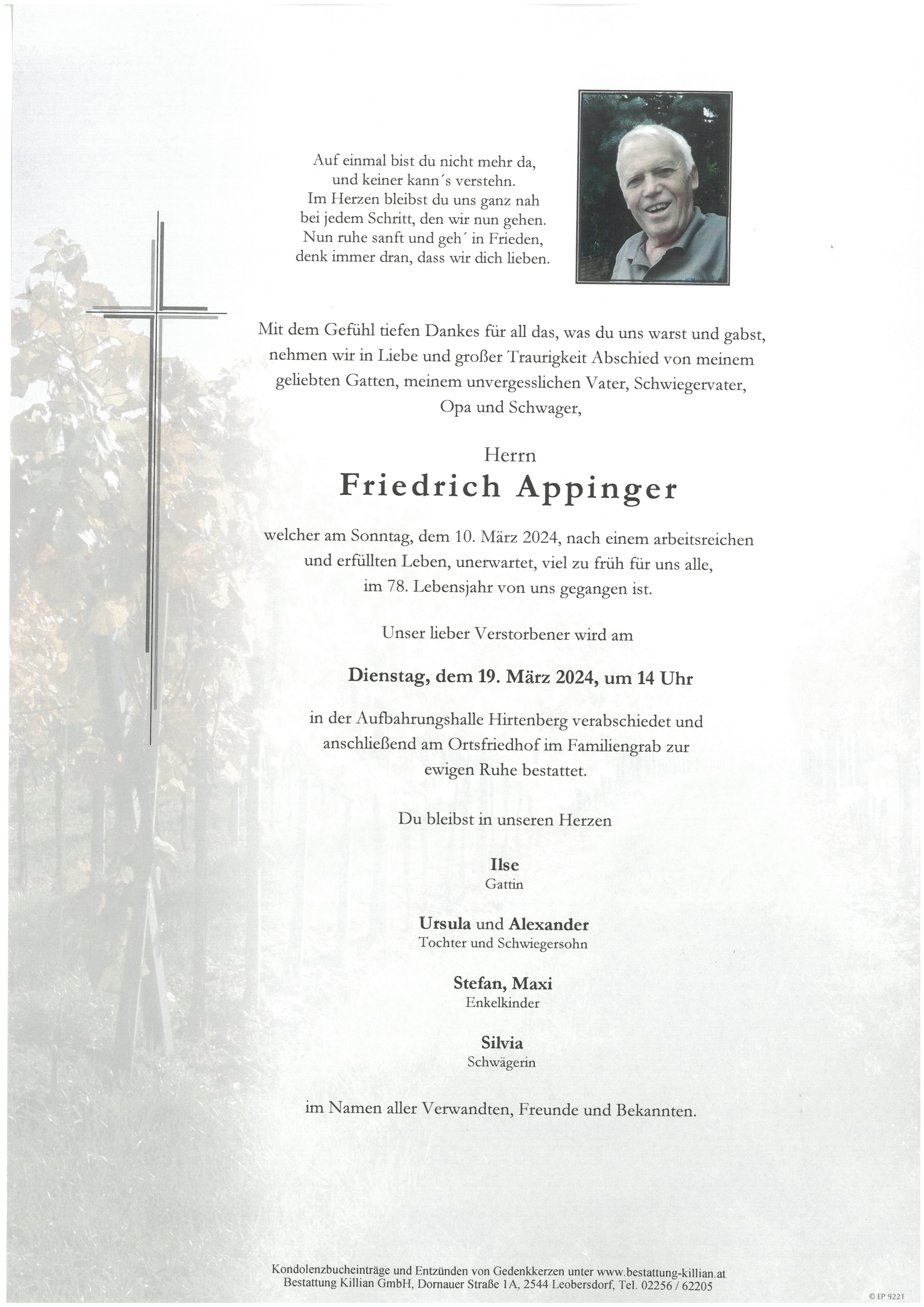 Traueranzeige von Friedrich Appinger