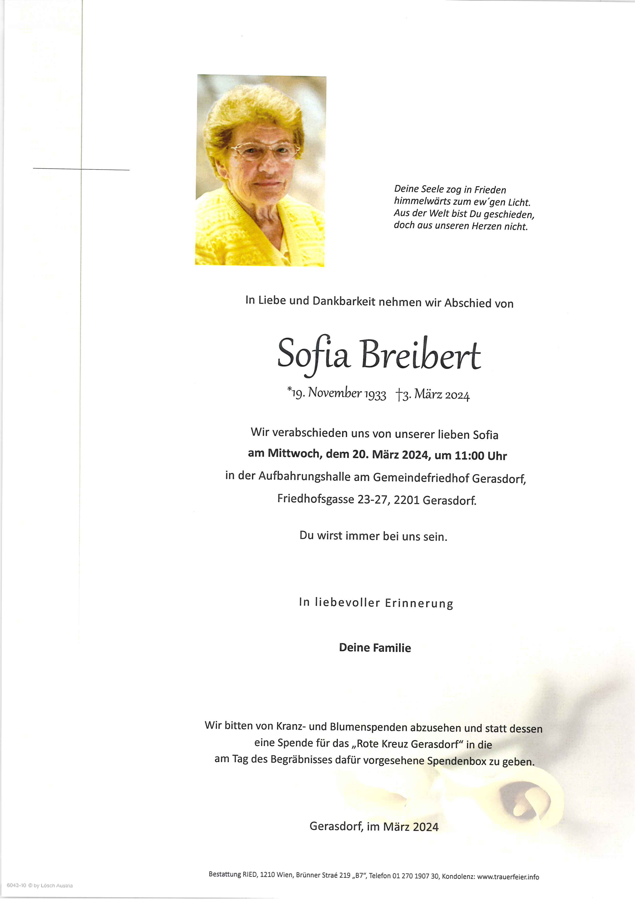 Traueranzeige von Sofia Breibert