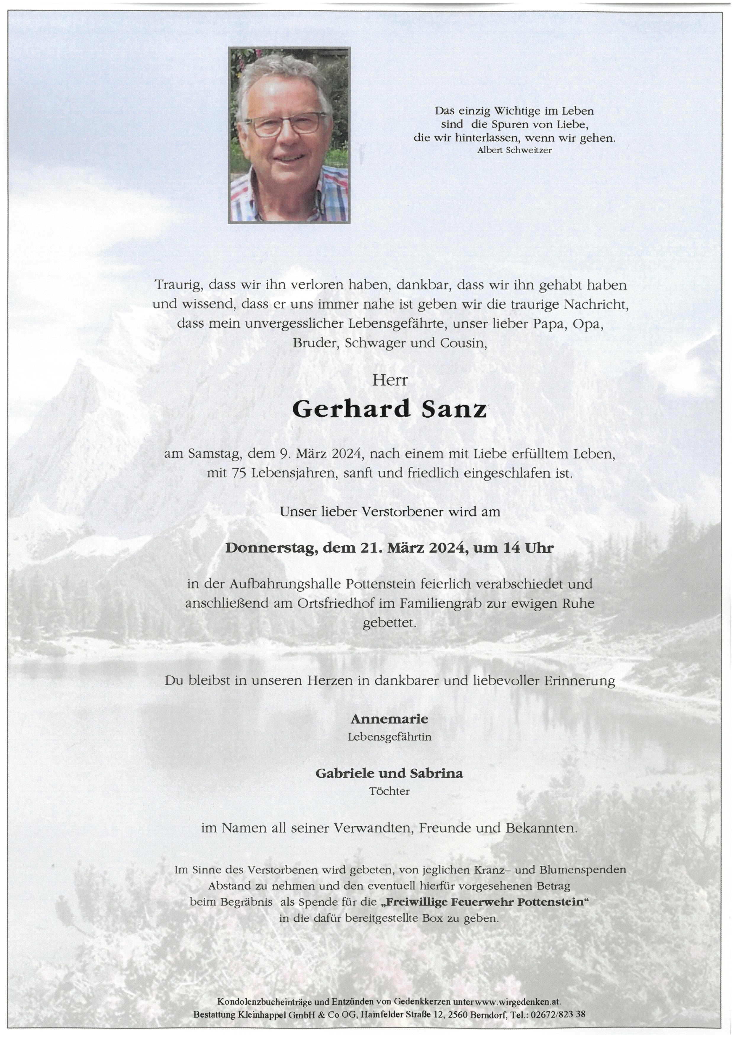 Traueranzeige von Gerhard Sanz