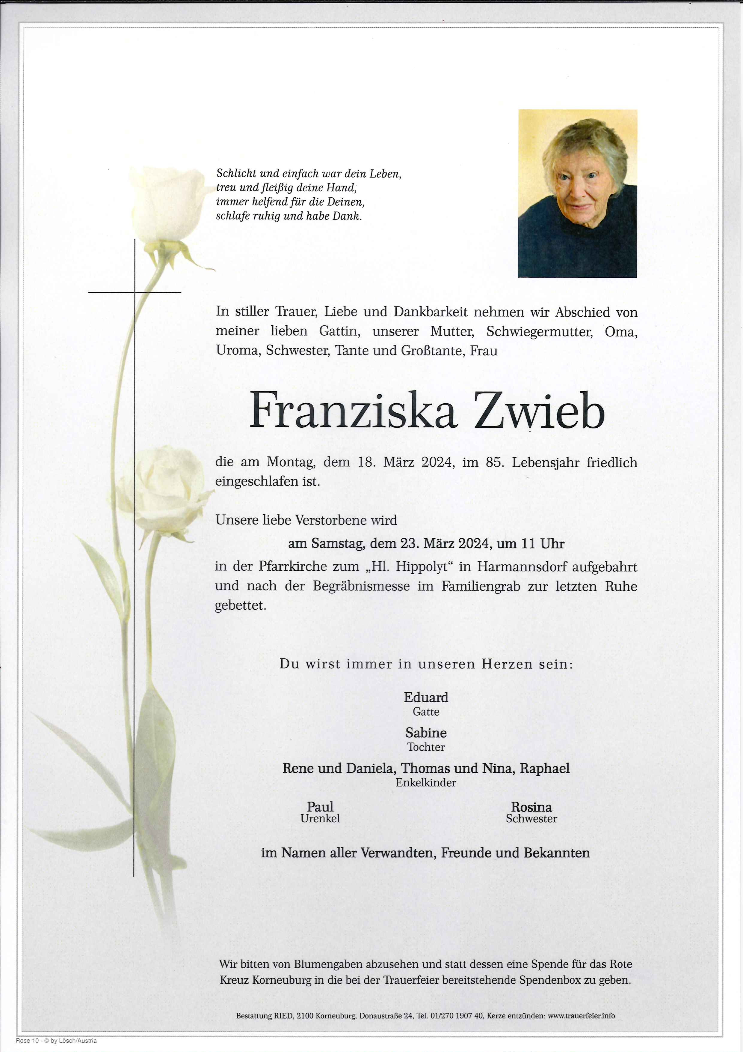 Traueranzeige von Franziska Zwieb