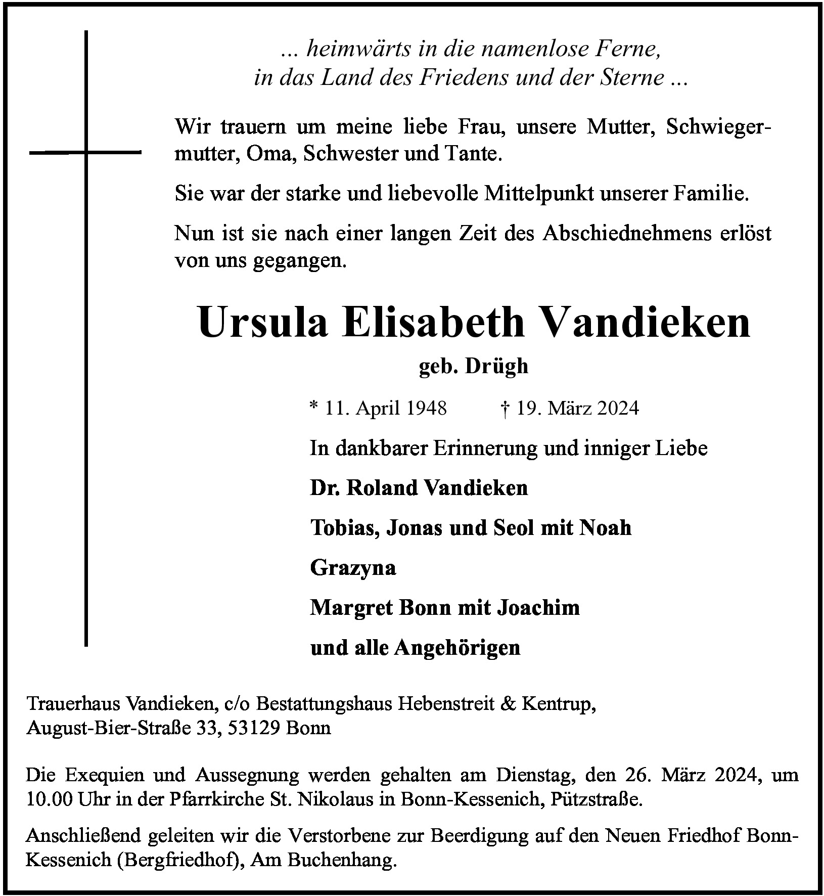 Traueranzeige von Ursula Elisabeth Vandieken