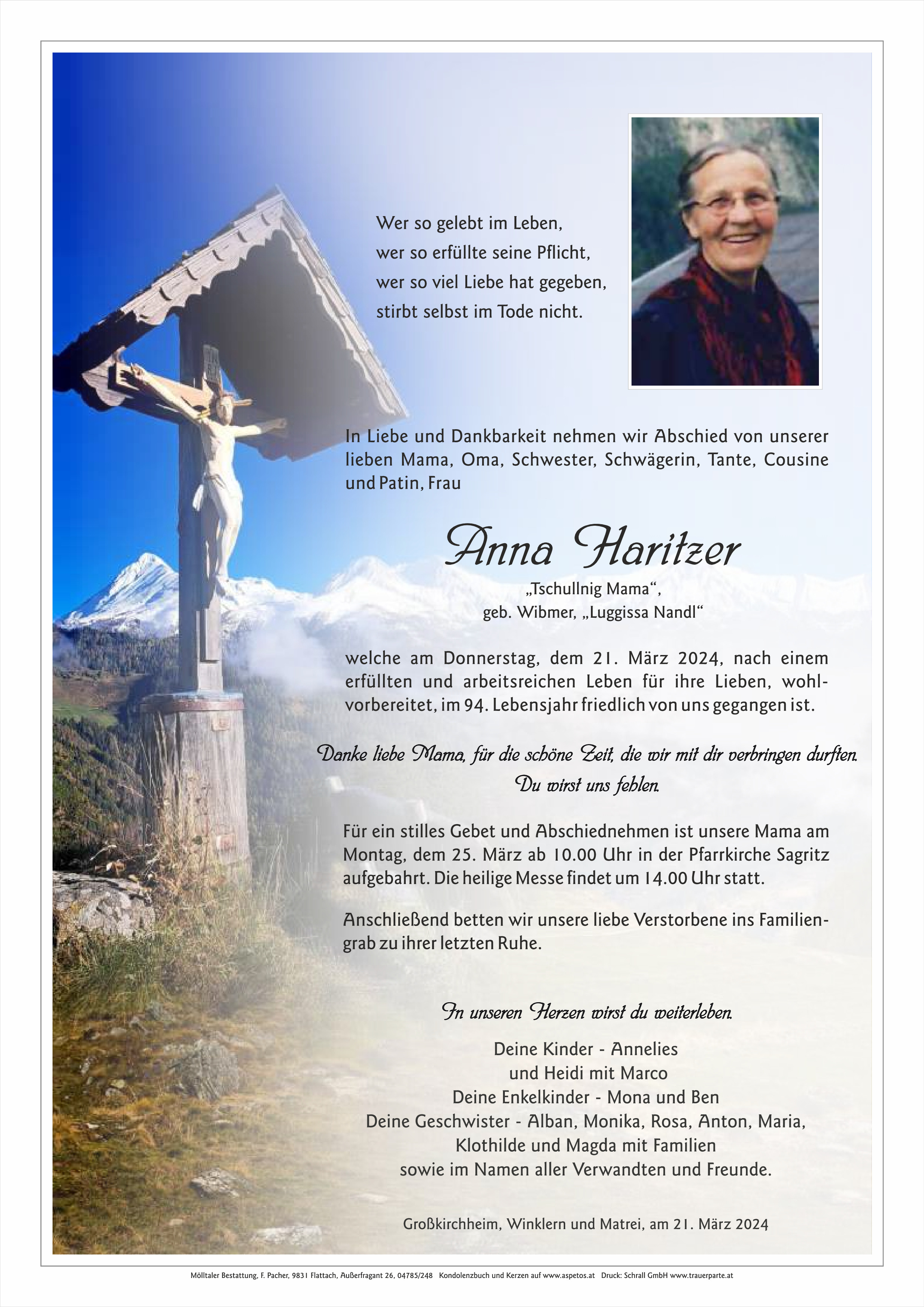 Traueranzeige von Anna Haritzer