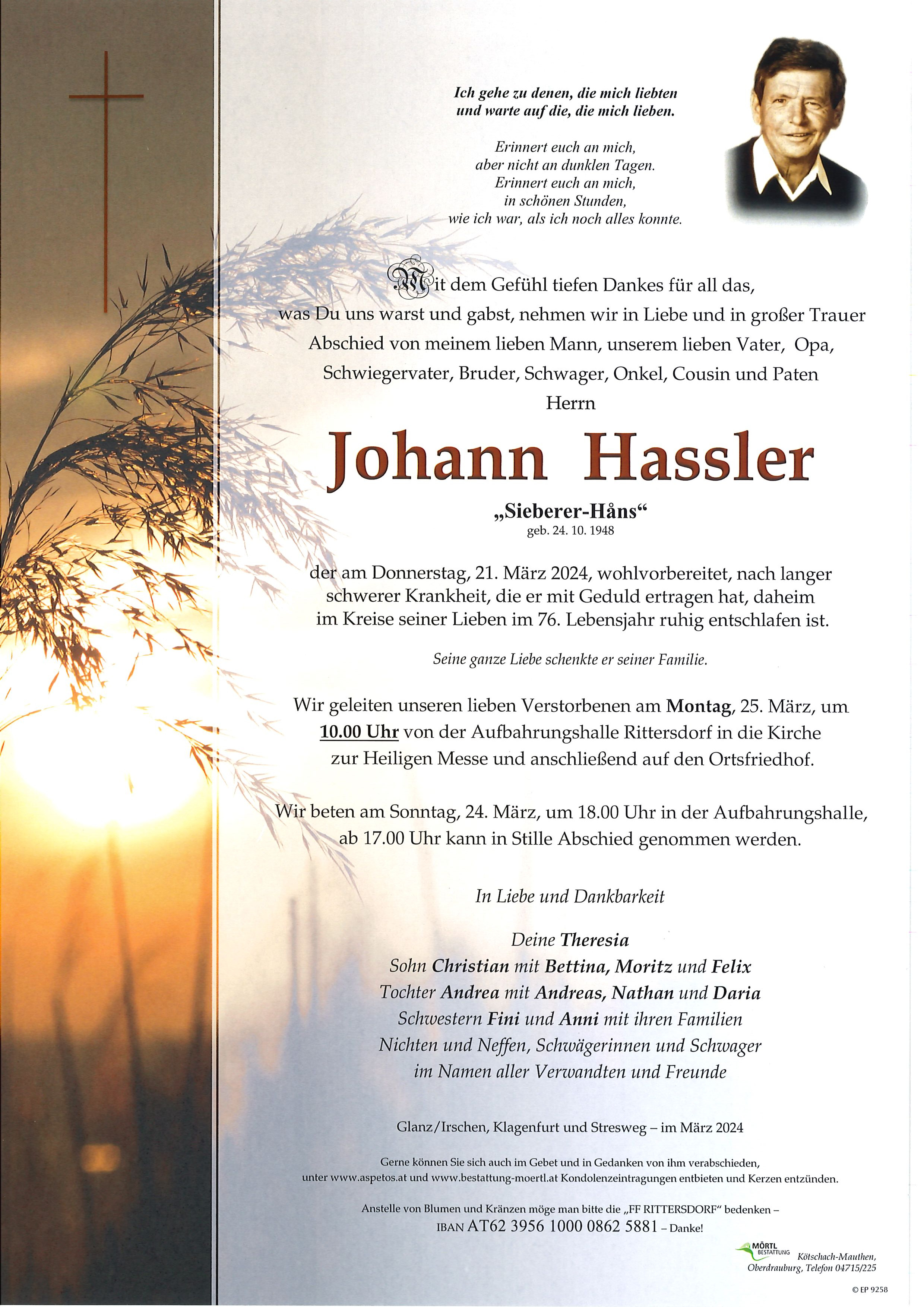 Traueranzeige von Johann Hassler