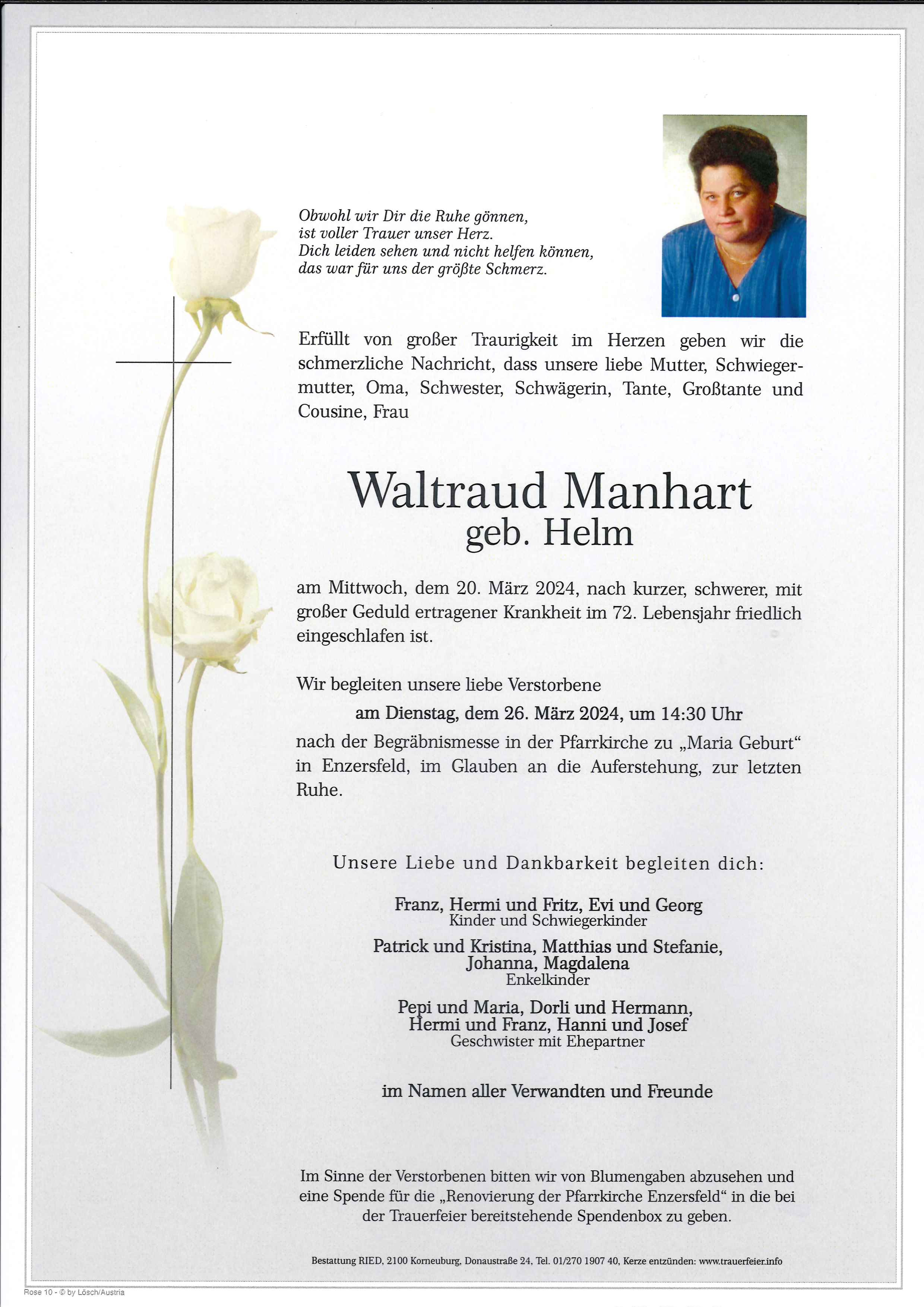 Traueranzeige von Waltraud Manhart
