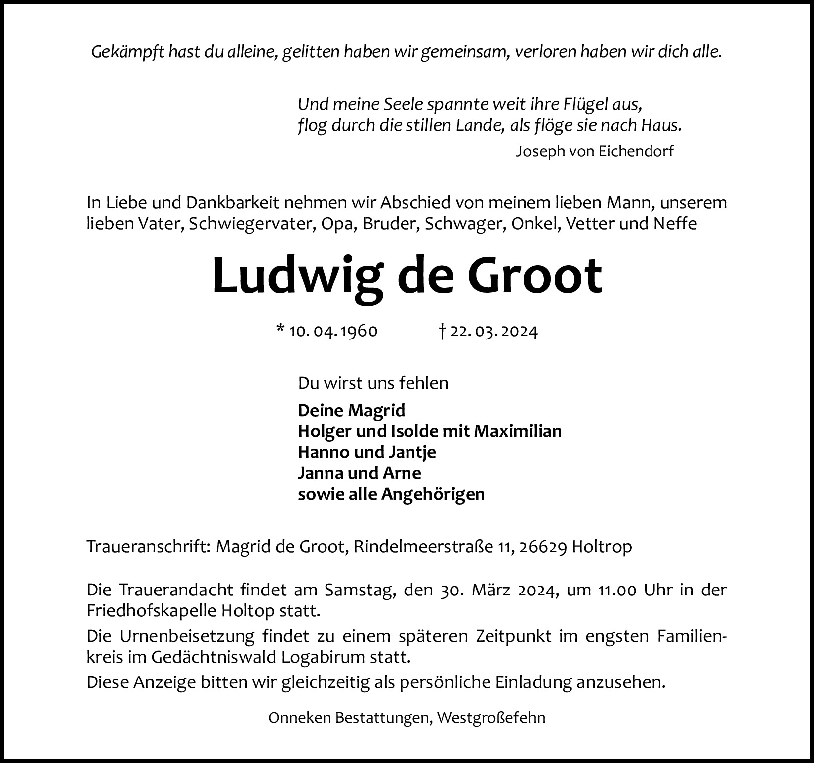 Traueranzeige von Ludwig de Groot