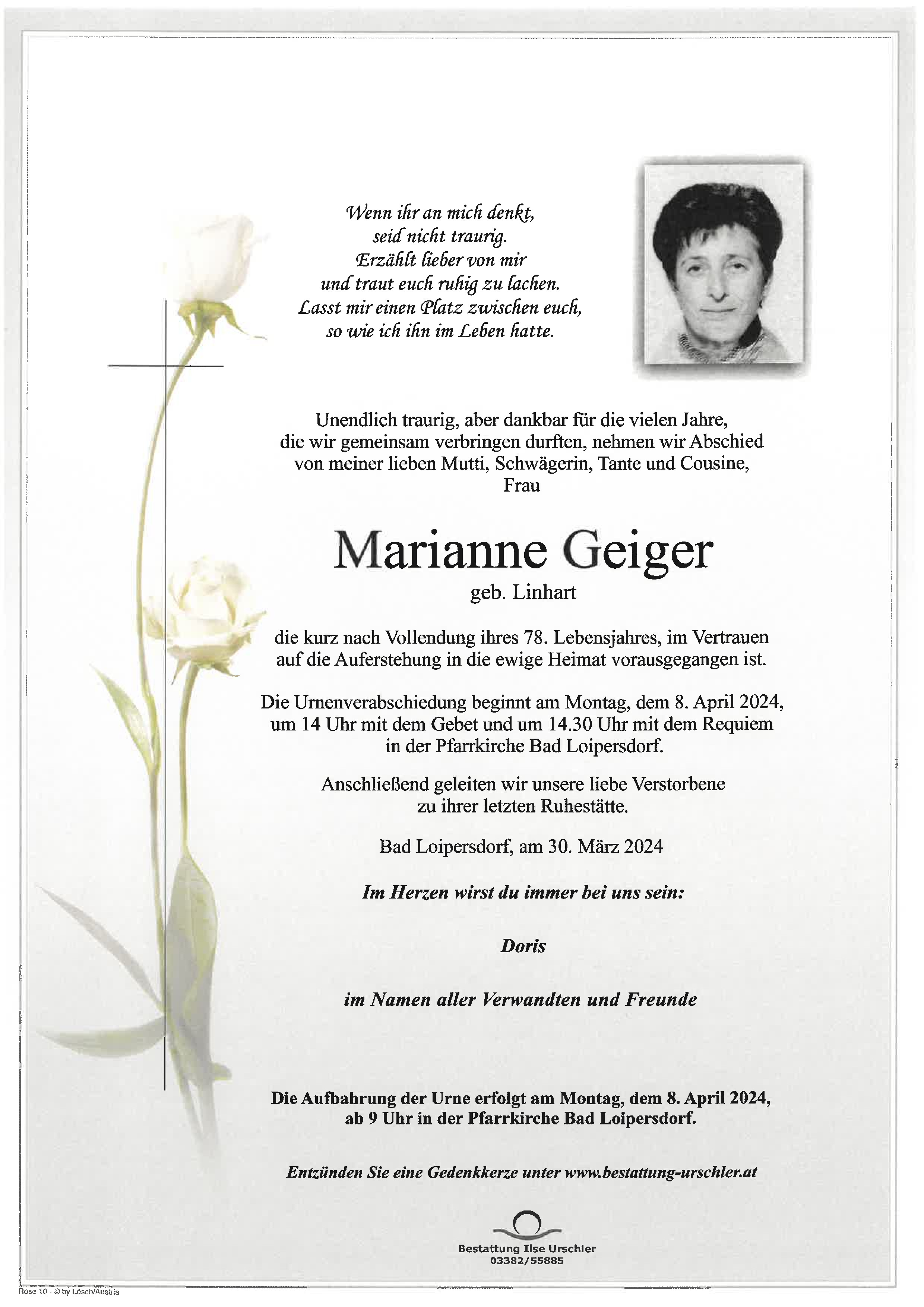 Traueranzeige von Marianne Geiger