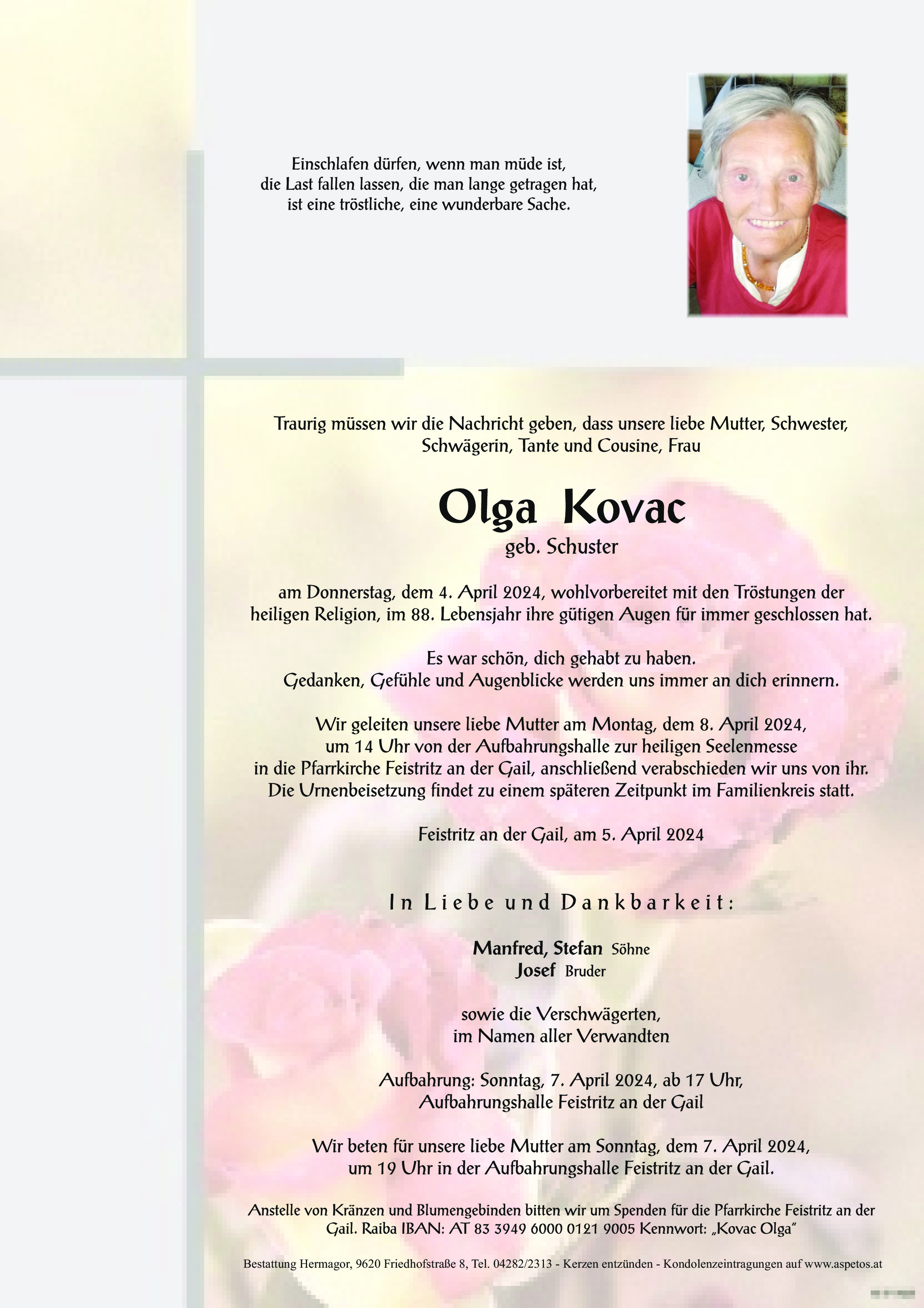 Traueranzeige von Olga Kovac