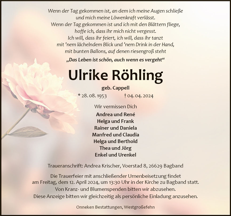 Traueranzeige von Ulrike Röhling
