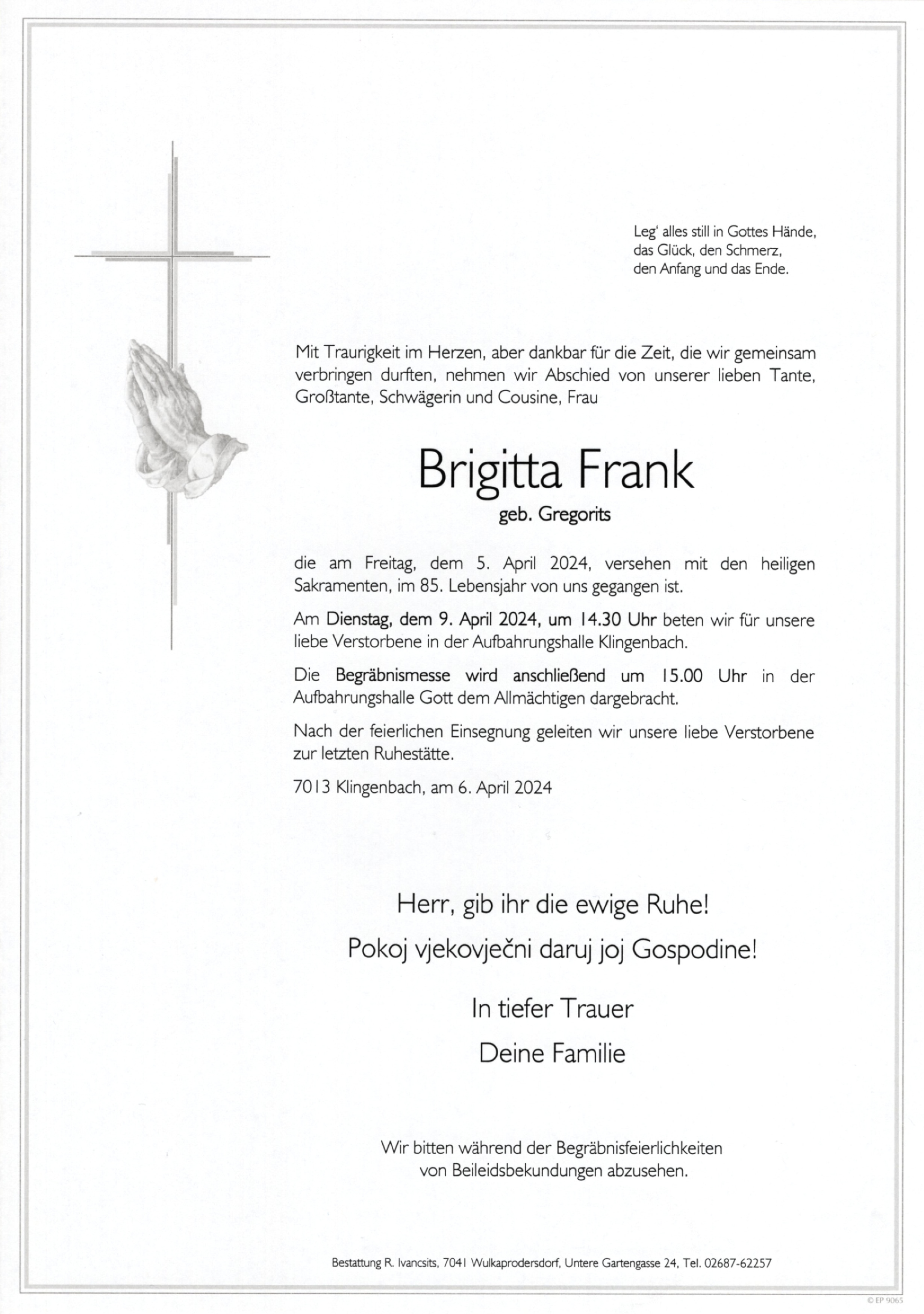 Traueranzeige von Brigitta Frank