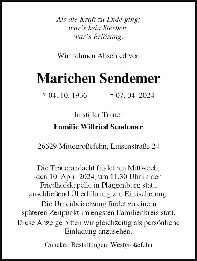 Traueranzeige von Marichen Sendemer