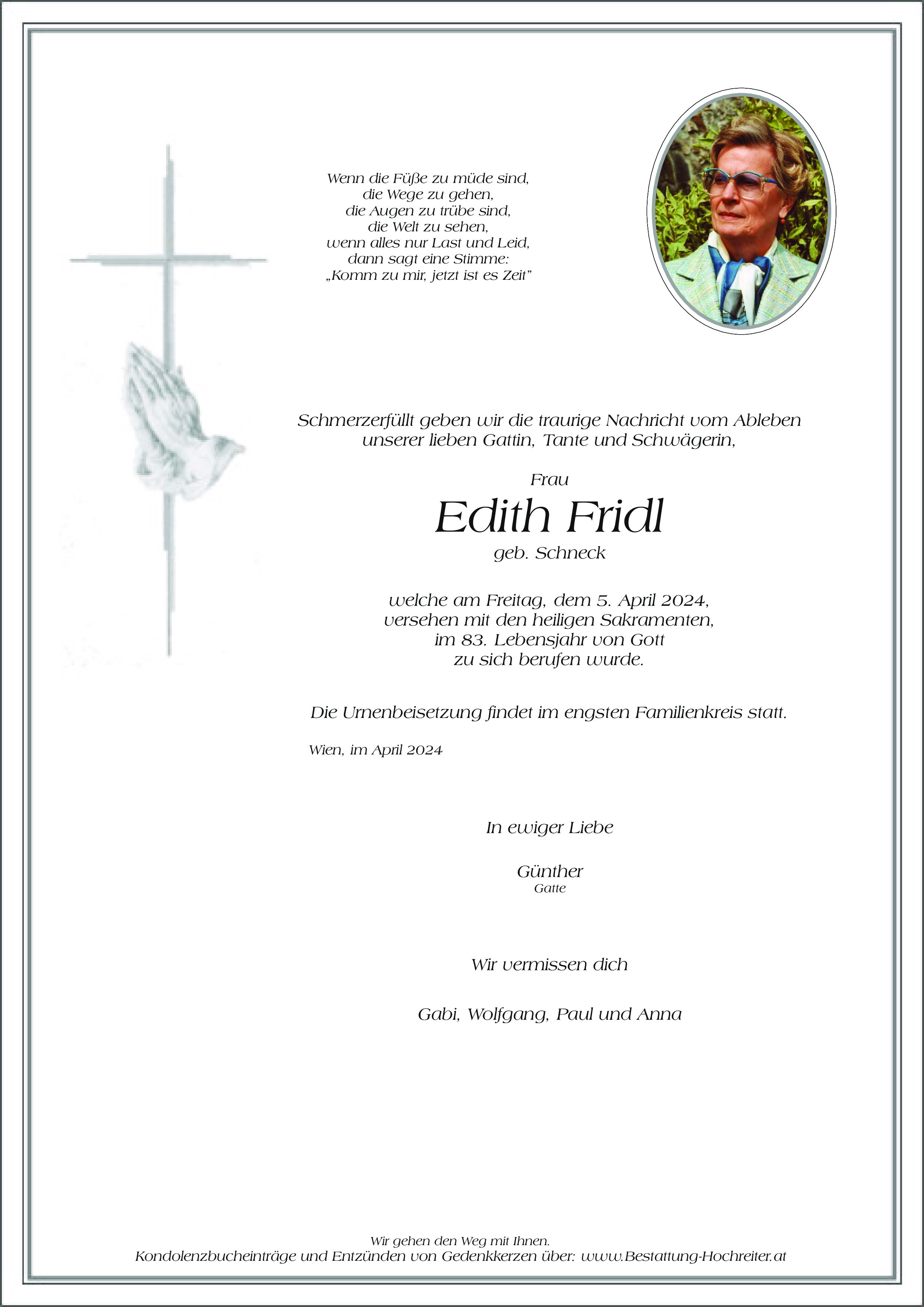 Traueranzeige von Edith Fridl