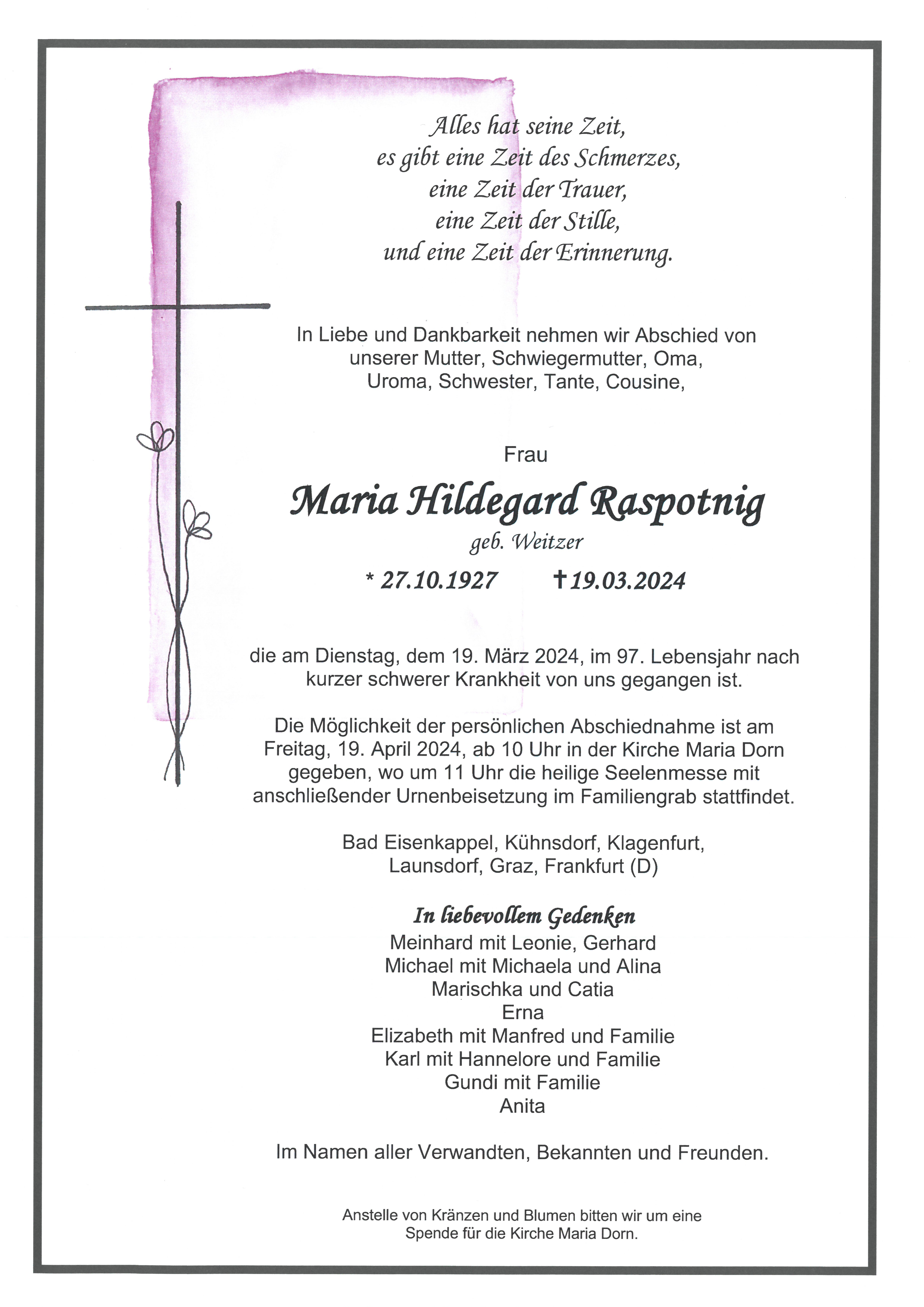 Traueranzeige von Maria Hildegard Raspotnig