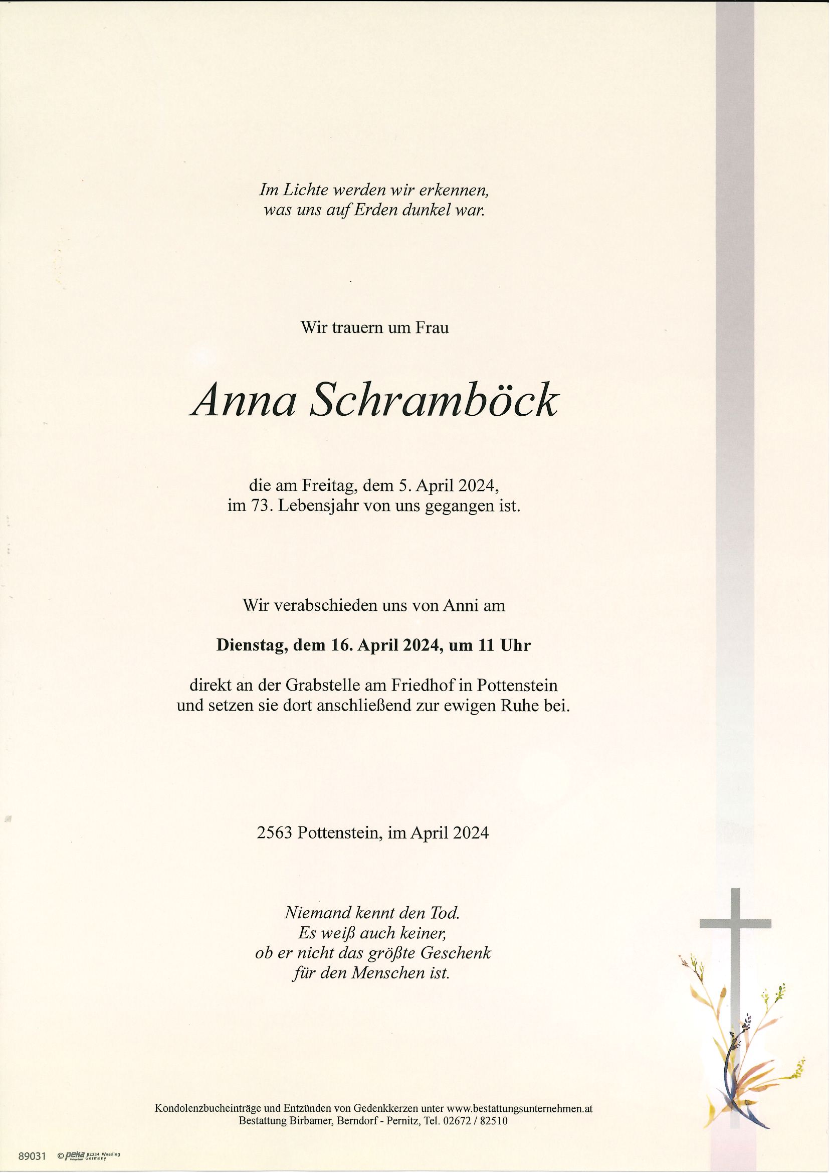 Traueranzeige von Anna Schramböck