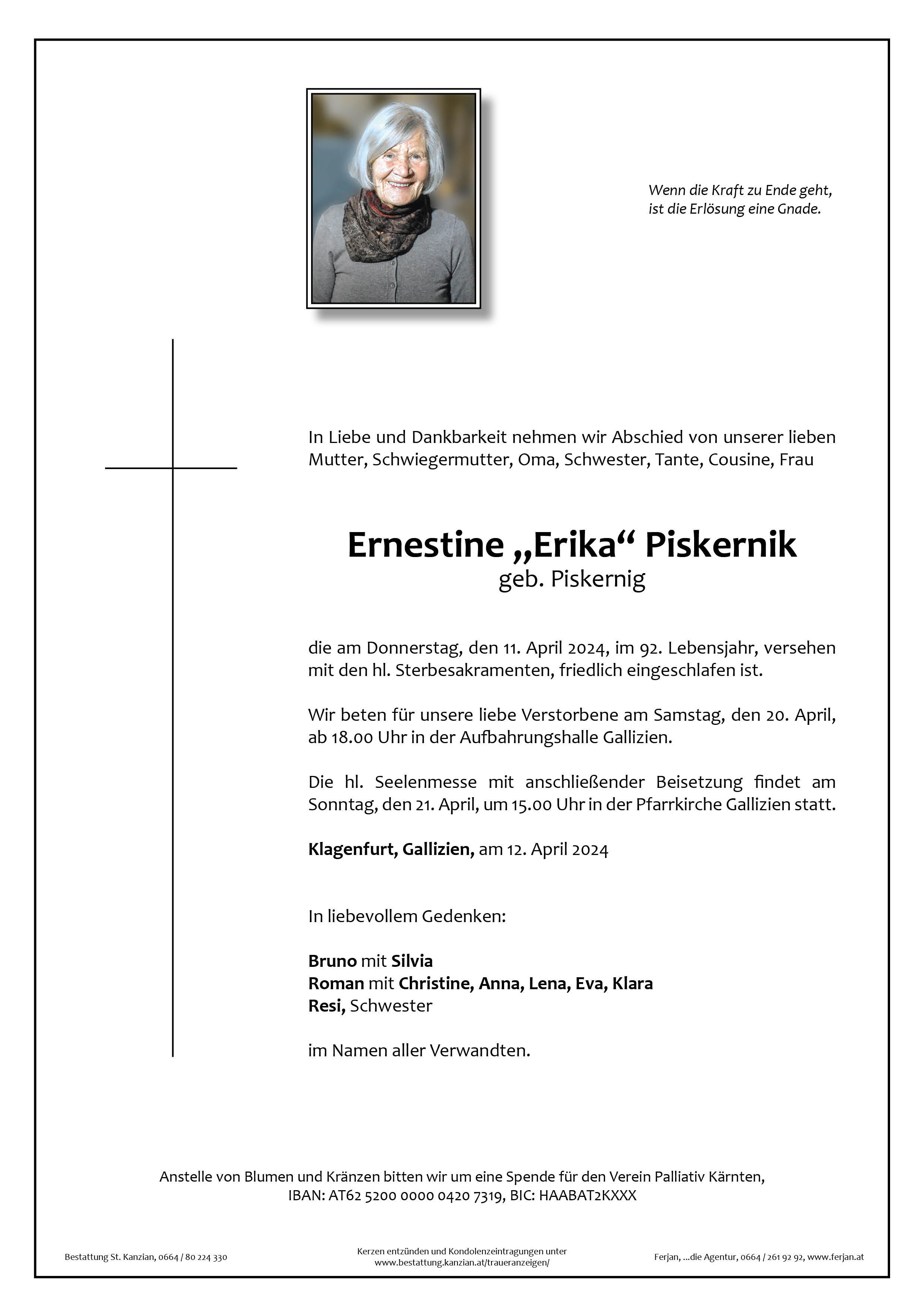 Traueranzeige von Ernestine "Erika" Piskernik