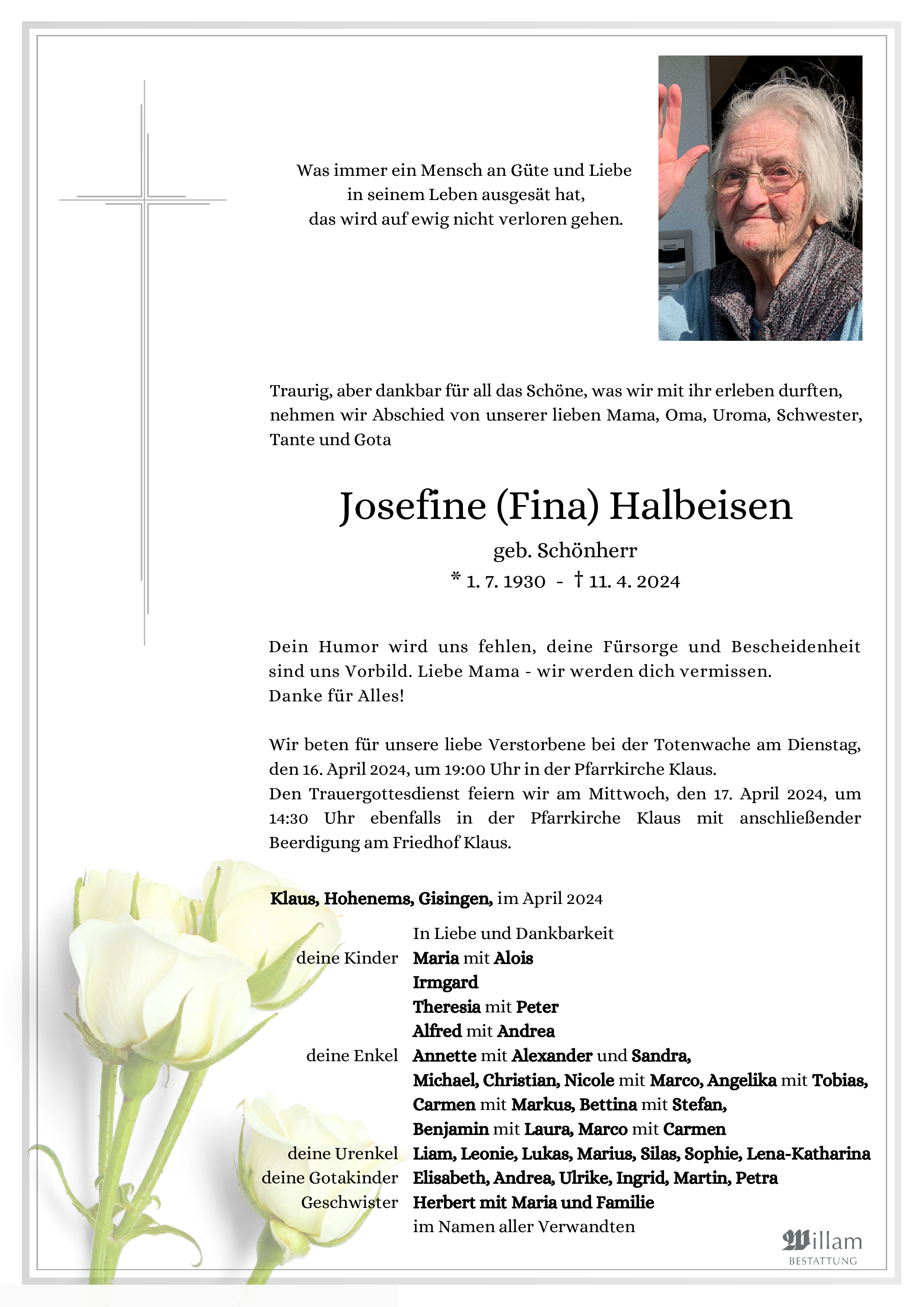 Traueranzeige von Josefine (Fina) Halbeisen