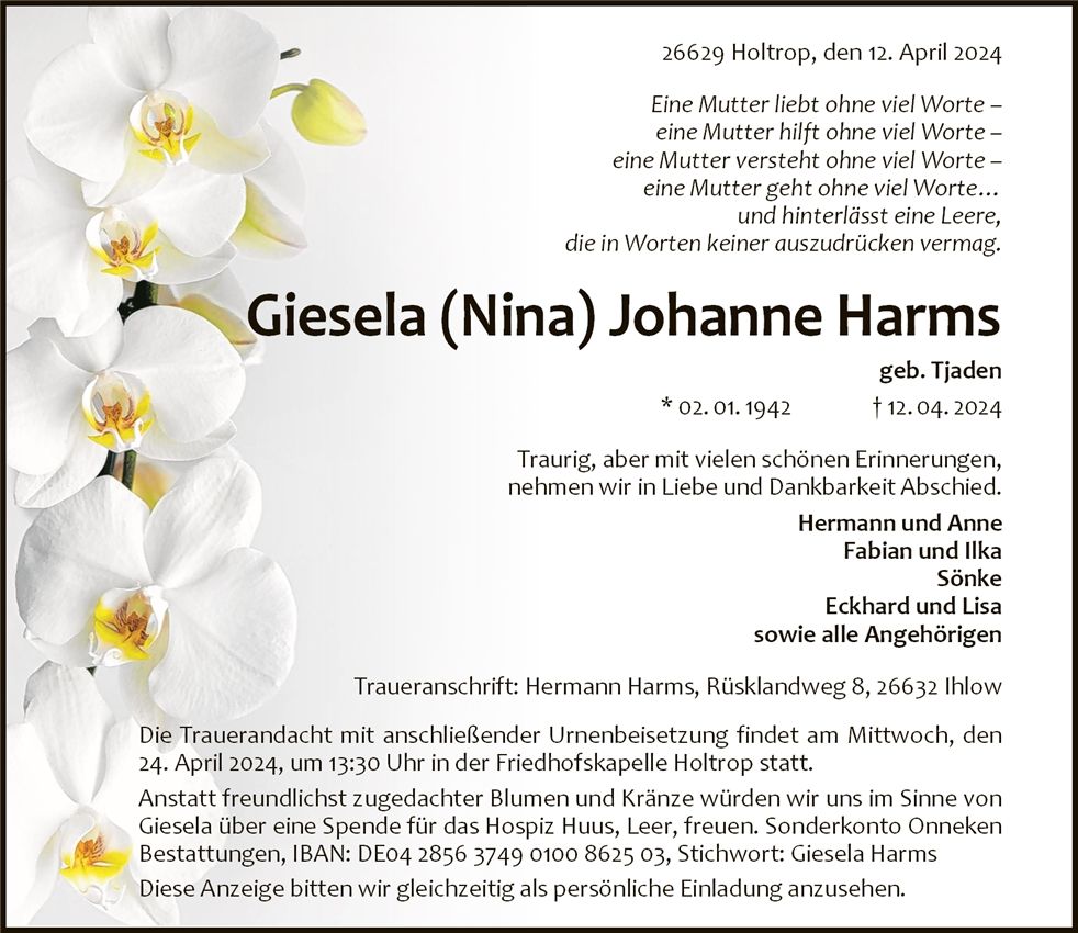 Traueranzeige von Giesela Harms