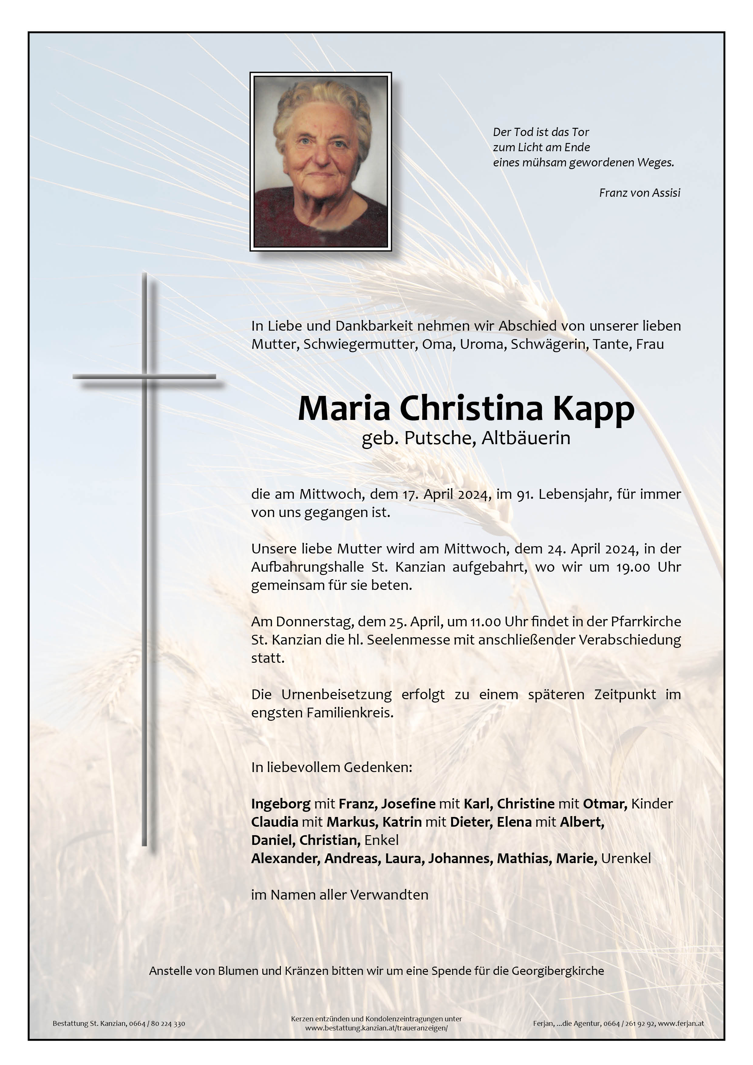 Traueranzeige von Maria Christina Kapp