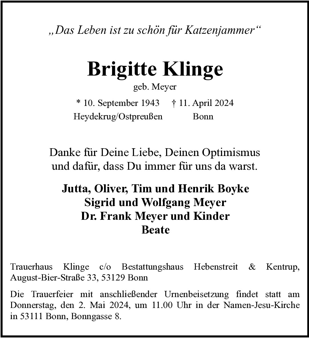 Traueranzeige von Brigitte Klinge