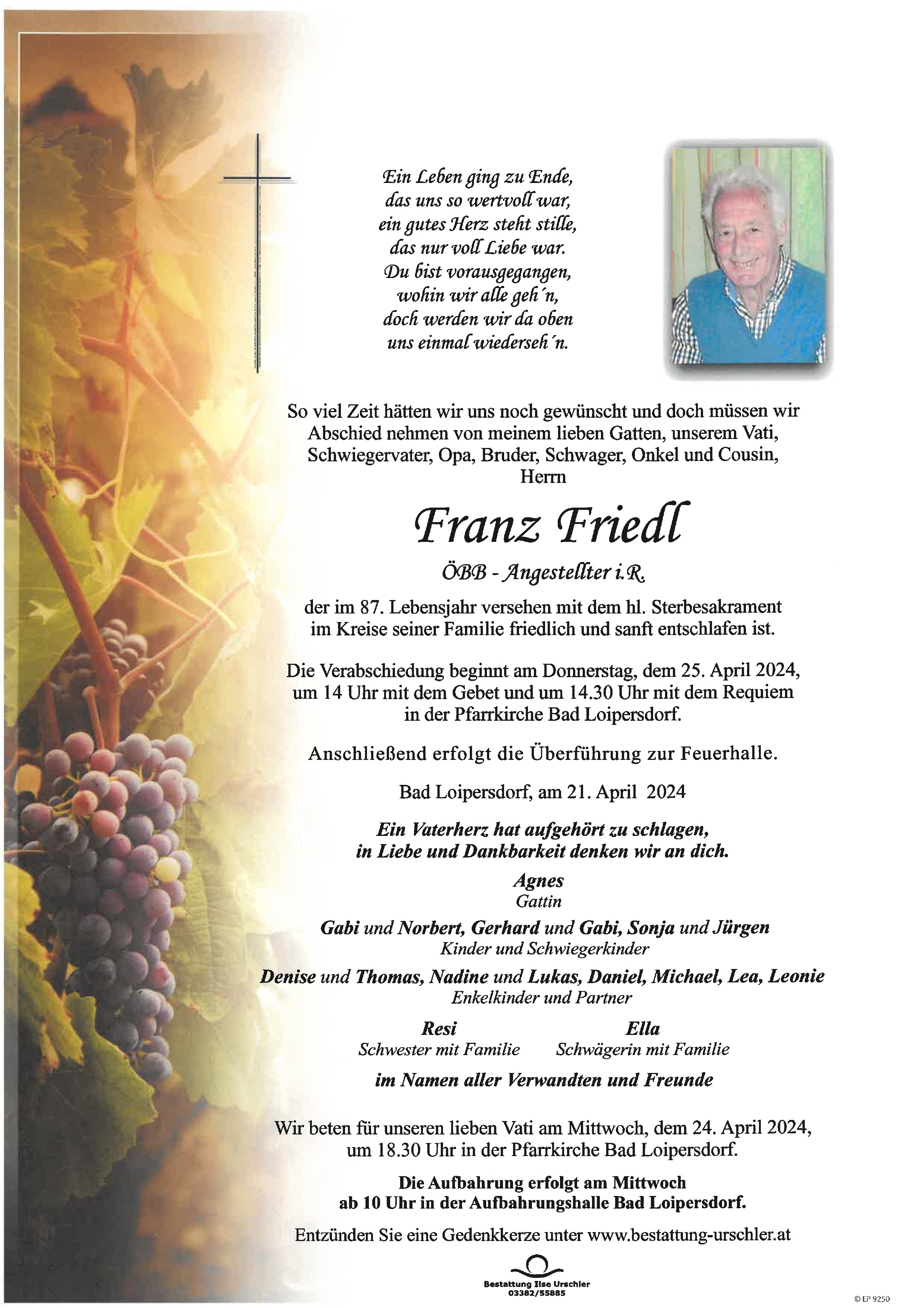 Traueranzeige von Franz Friedl