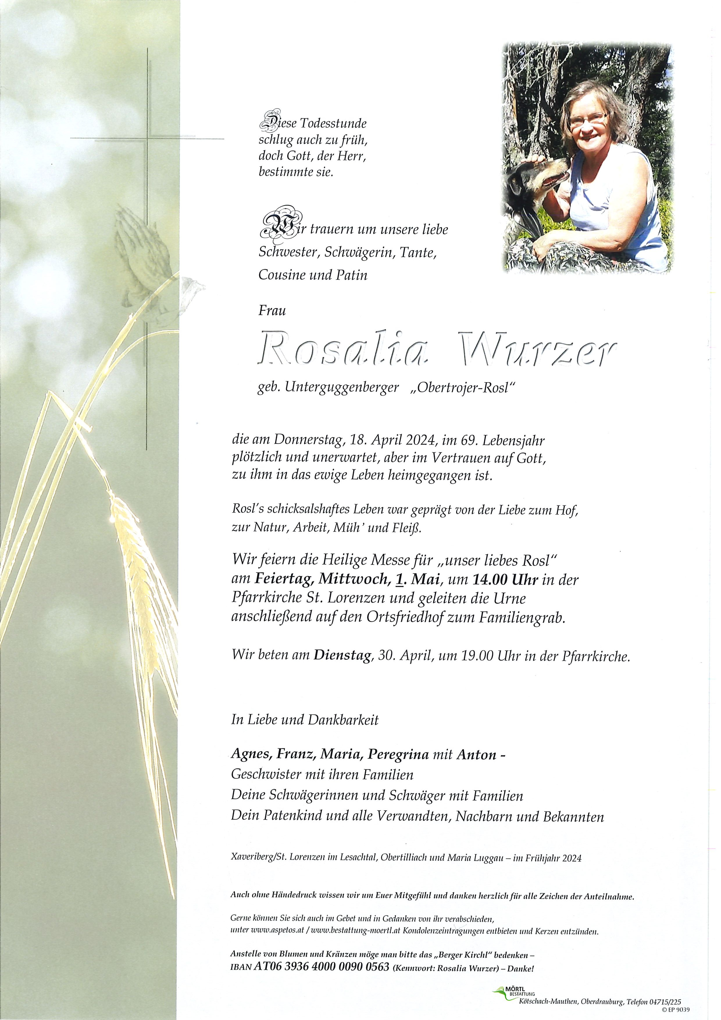Traueranzeige von Rosalia Wurzer