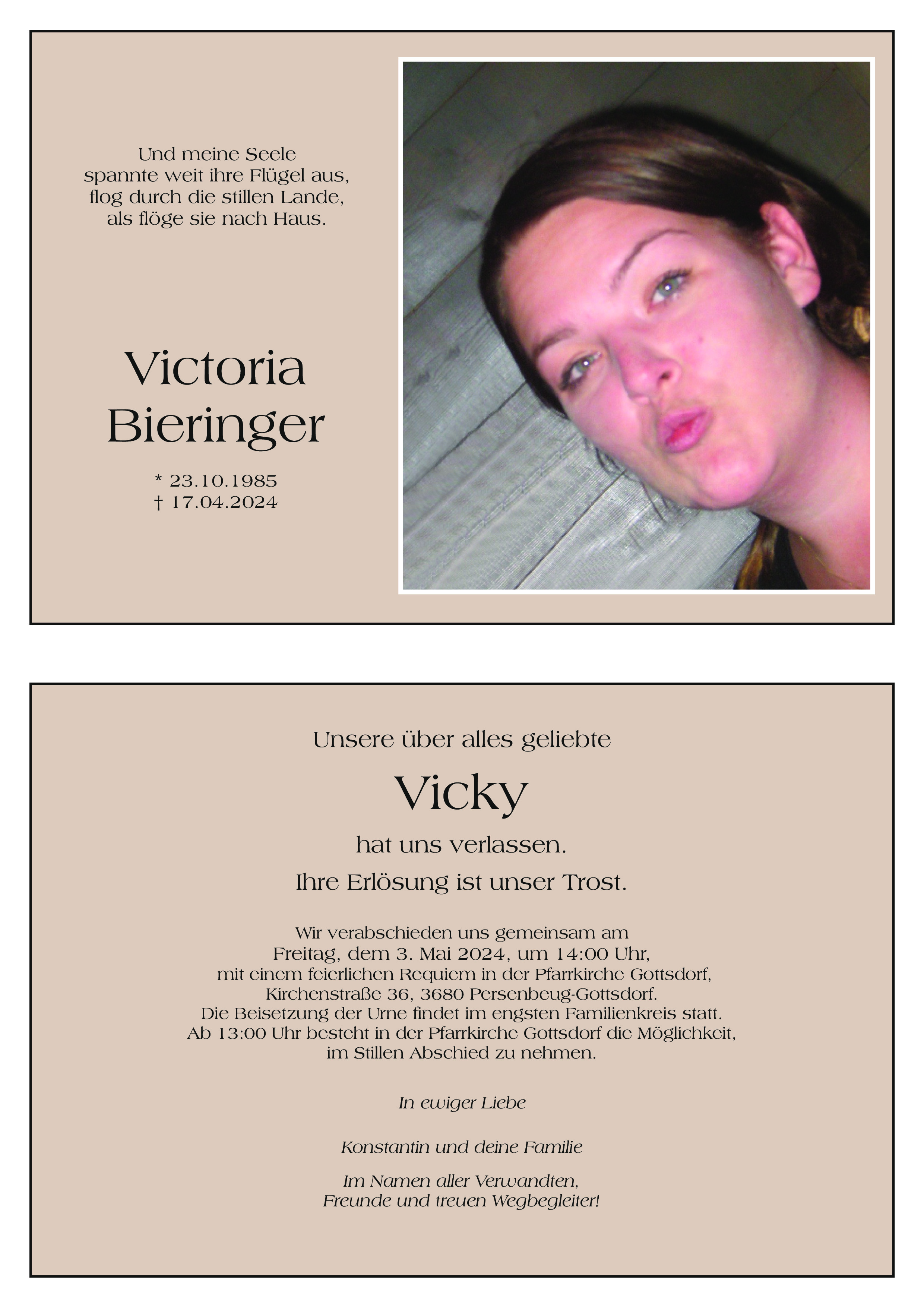 Traueranzeige von Victoria Bieringer