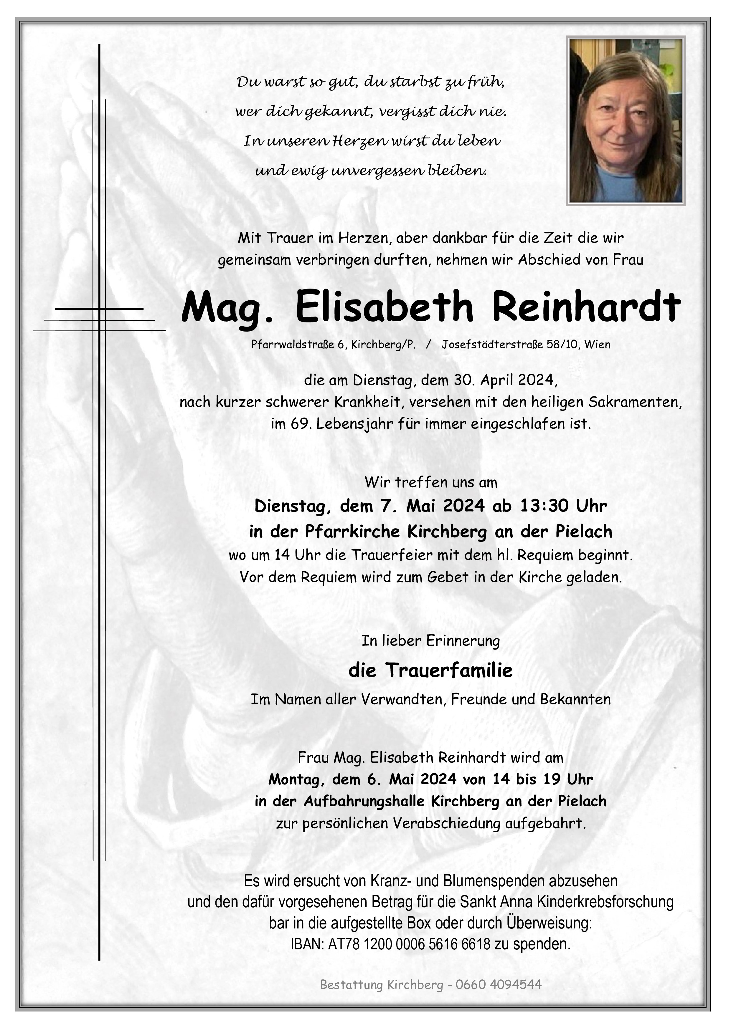 Traueranzeige von Mag. Elisabeth Maria Hildegard Reinhardt