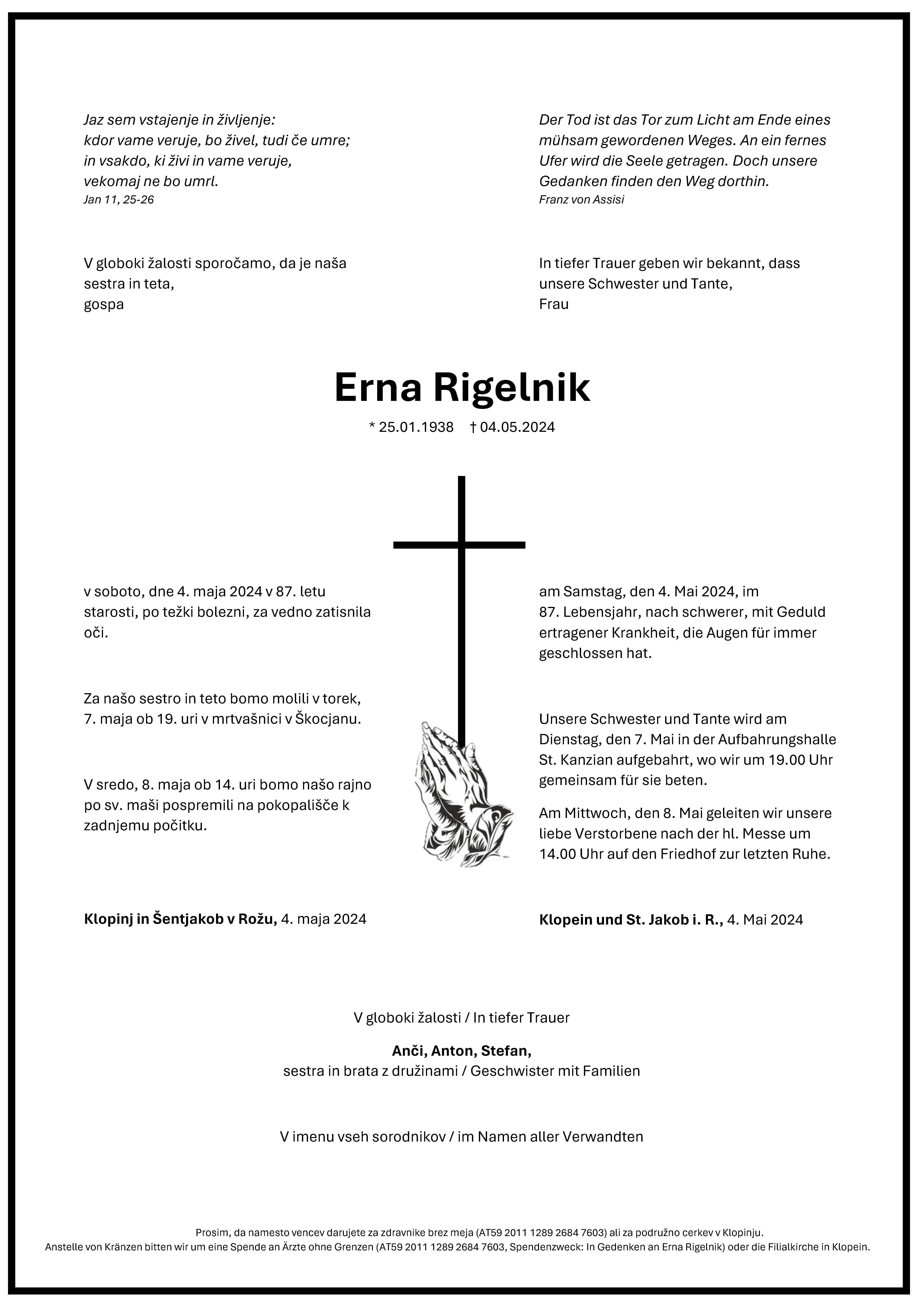 Traueranzeige von Erna Rigelnik