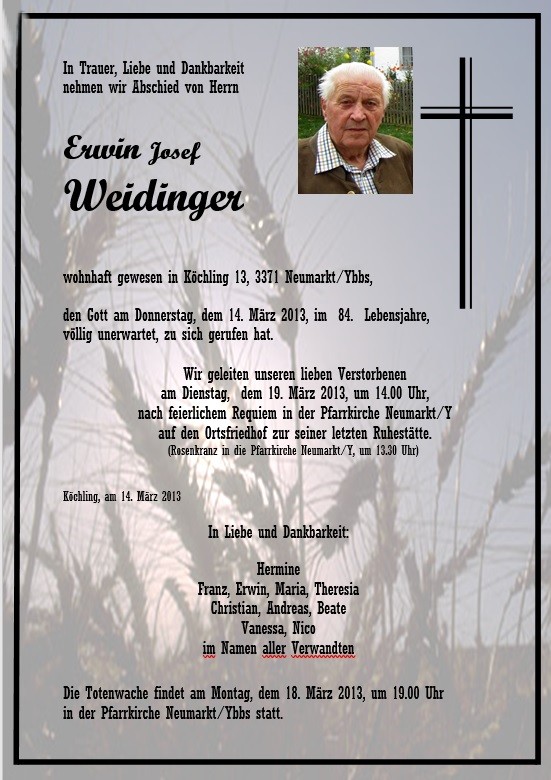 Traueranzeige von Erwin Josef WEIDINGER —