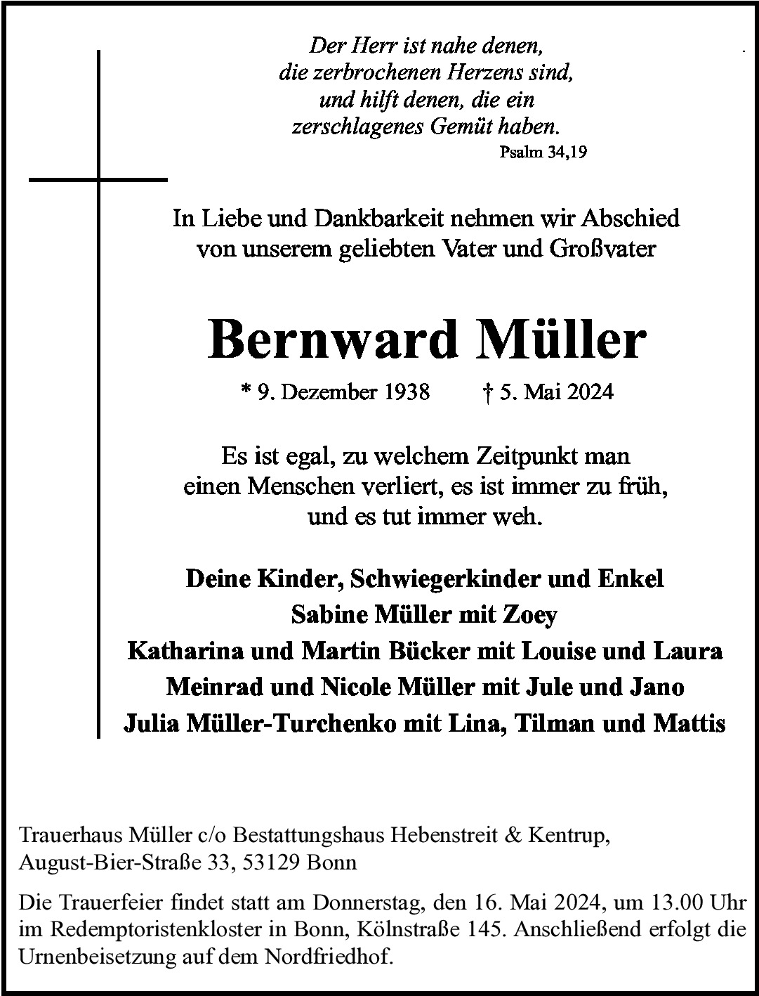 Traueranzeige von Bernward Müller
