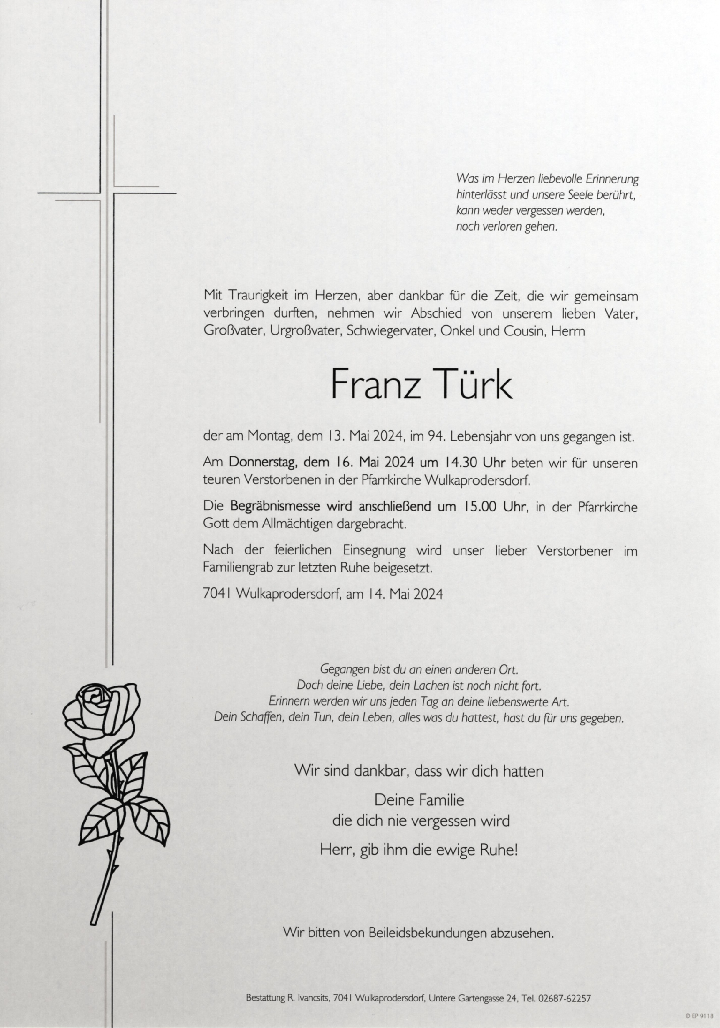 Traueranzeige von Franz Türk