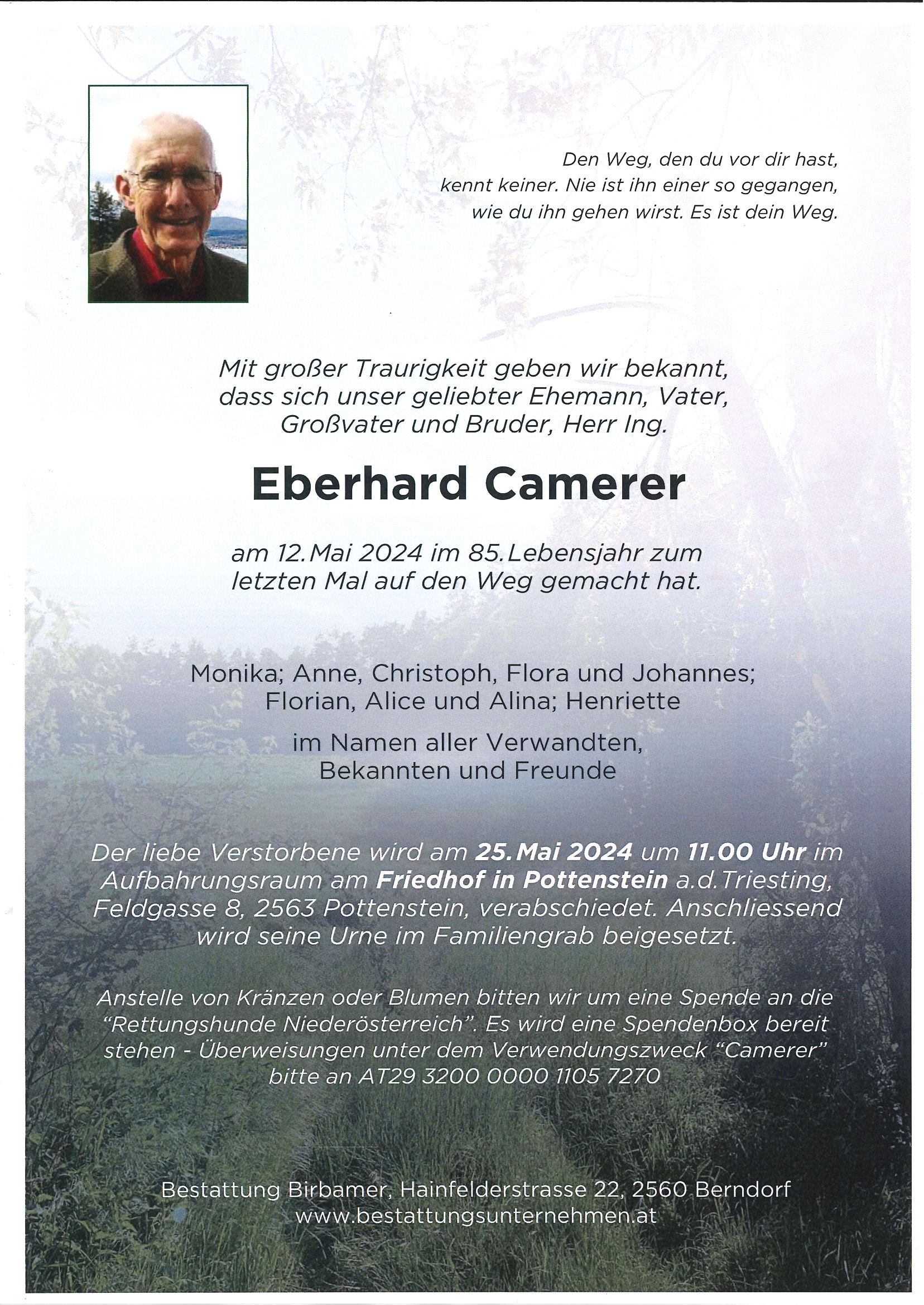Traueranzeige von Ing. Eberhard Camerer