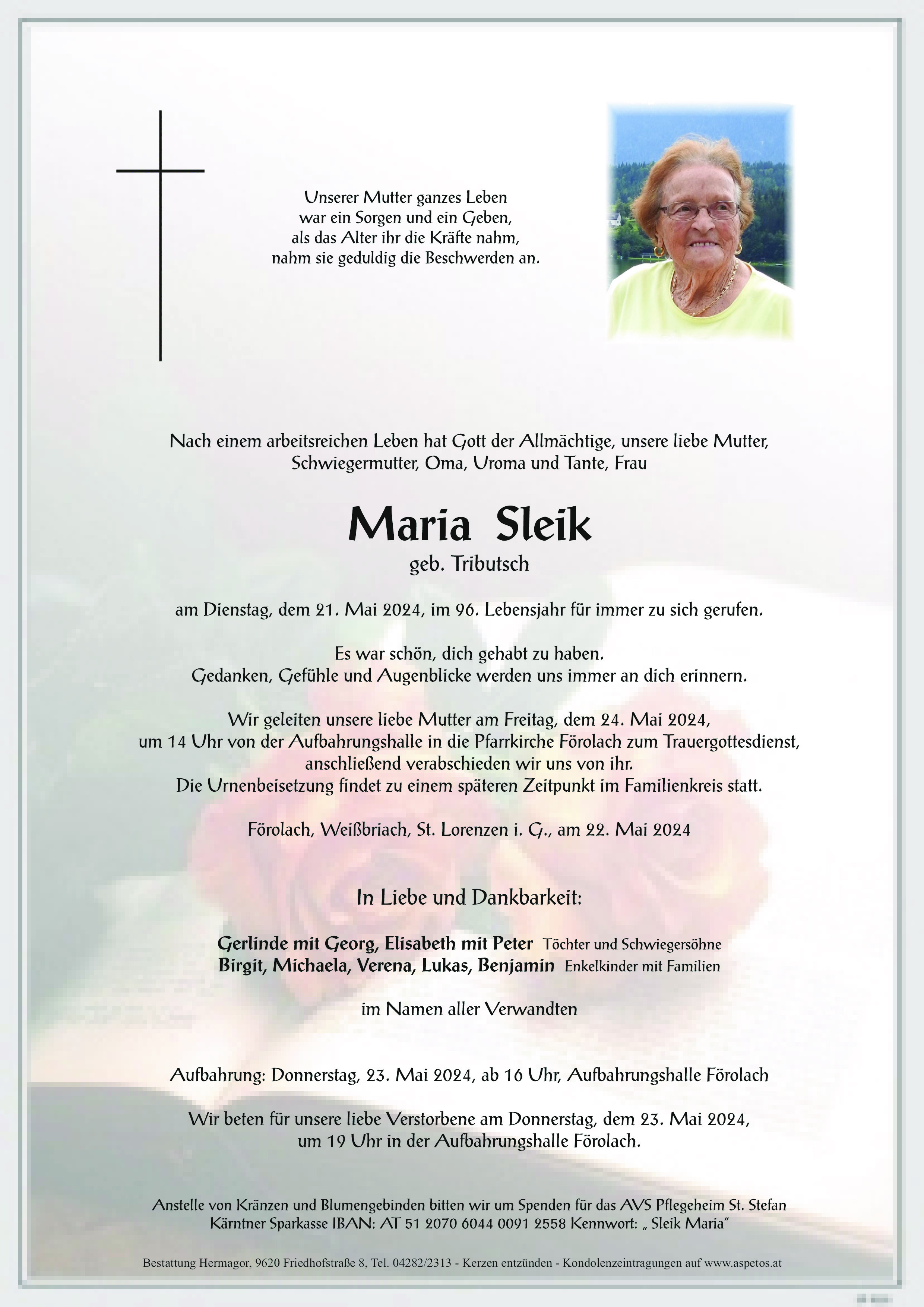 Traueranzeige von Maria Sleik