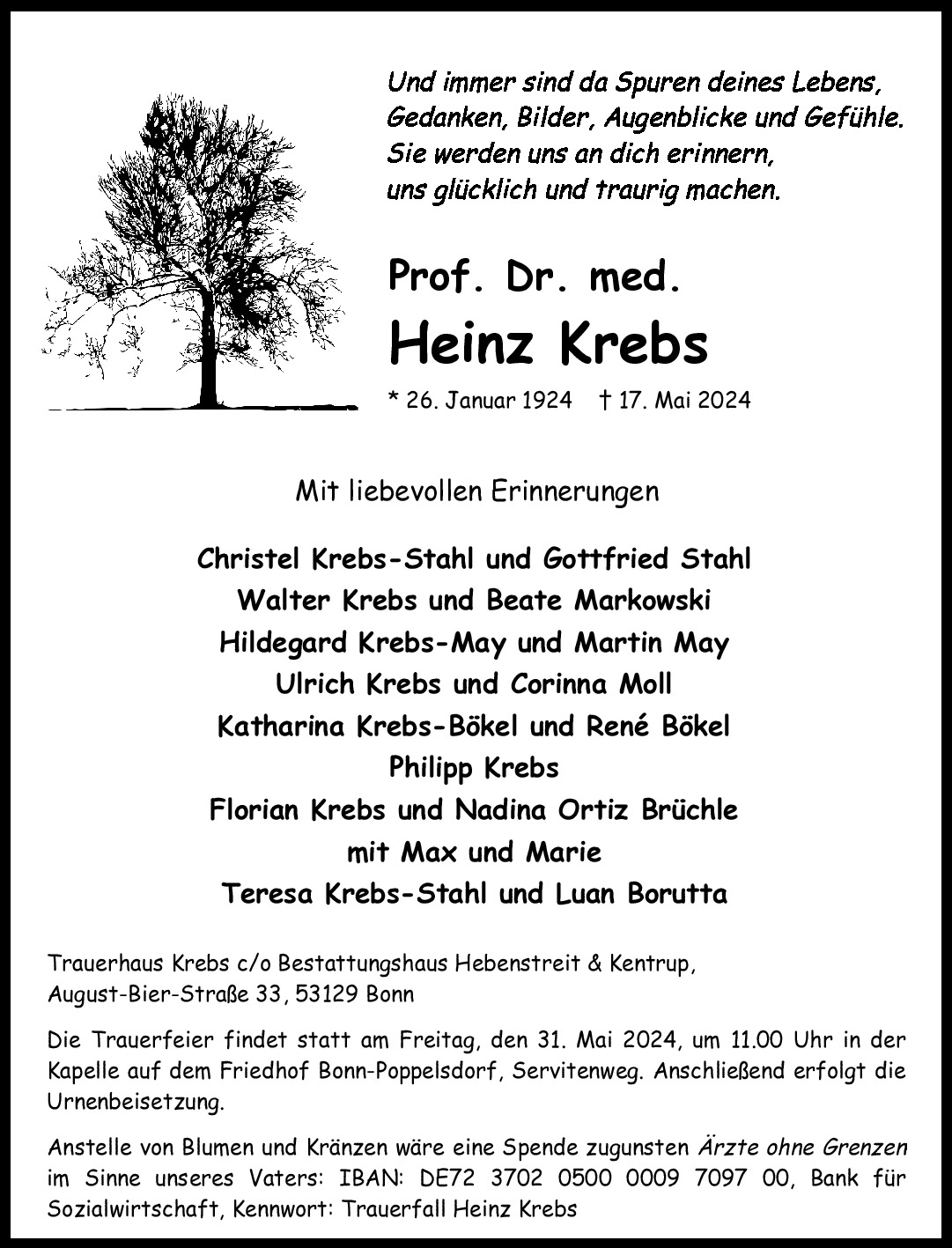 Traueranzeige von Prof. Dr. med. Heinz Krebs