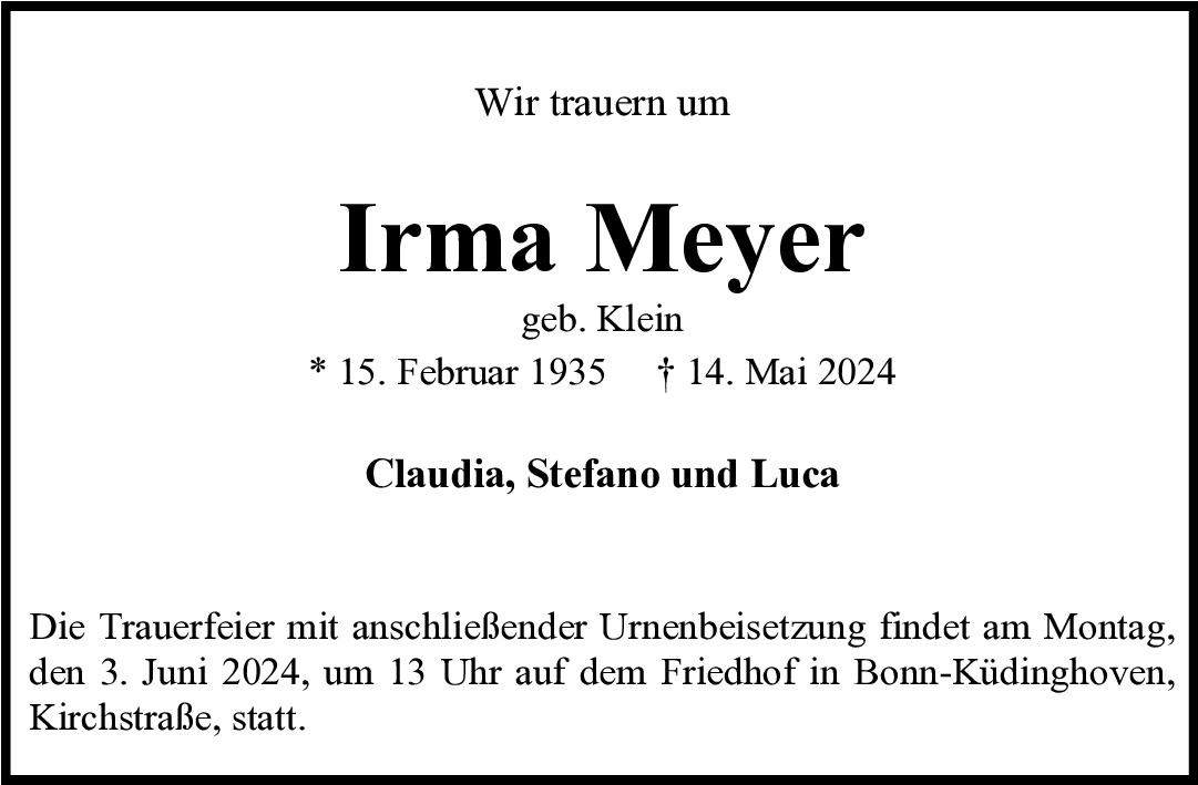 Traueranzeige von Irma Meyer