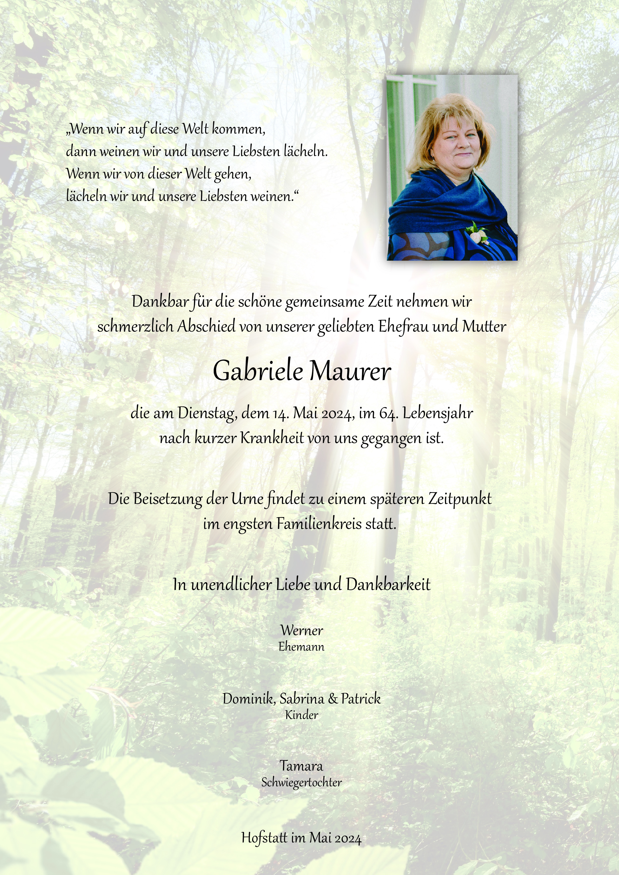 Traueranzeige von Gabriele Maurer
