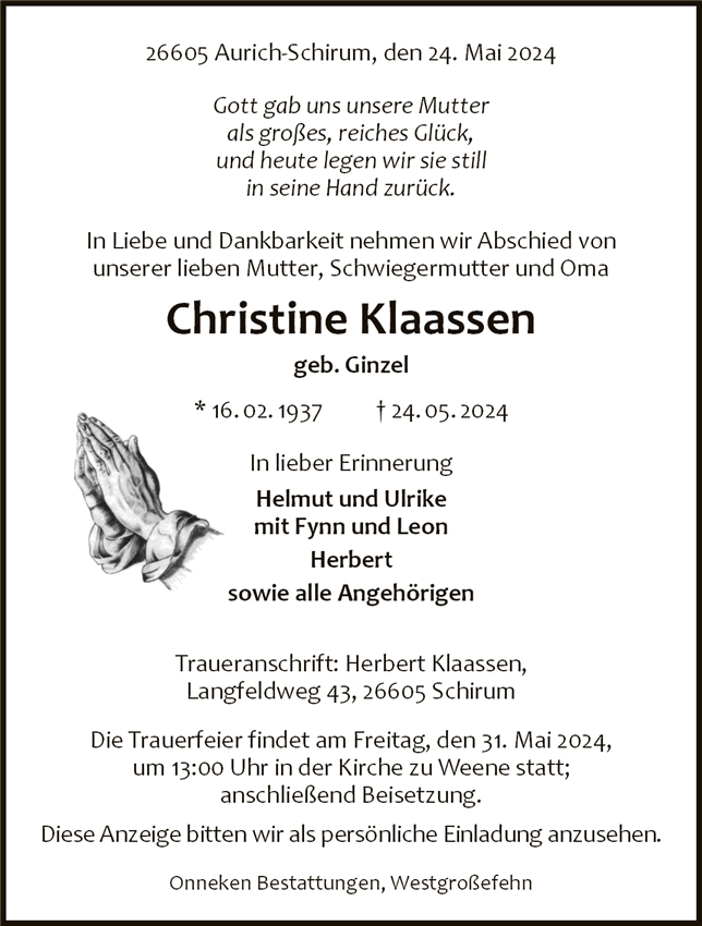 Traueranzeige von Christine Klaassen
