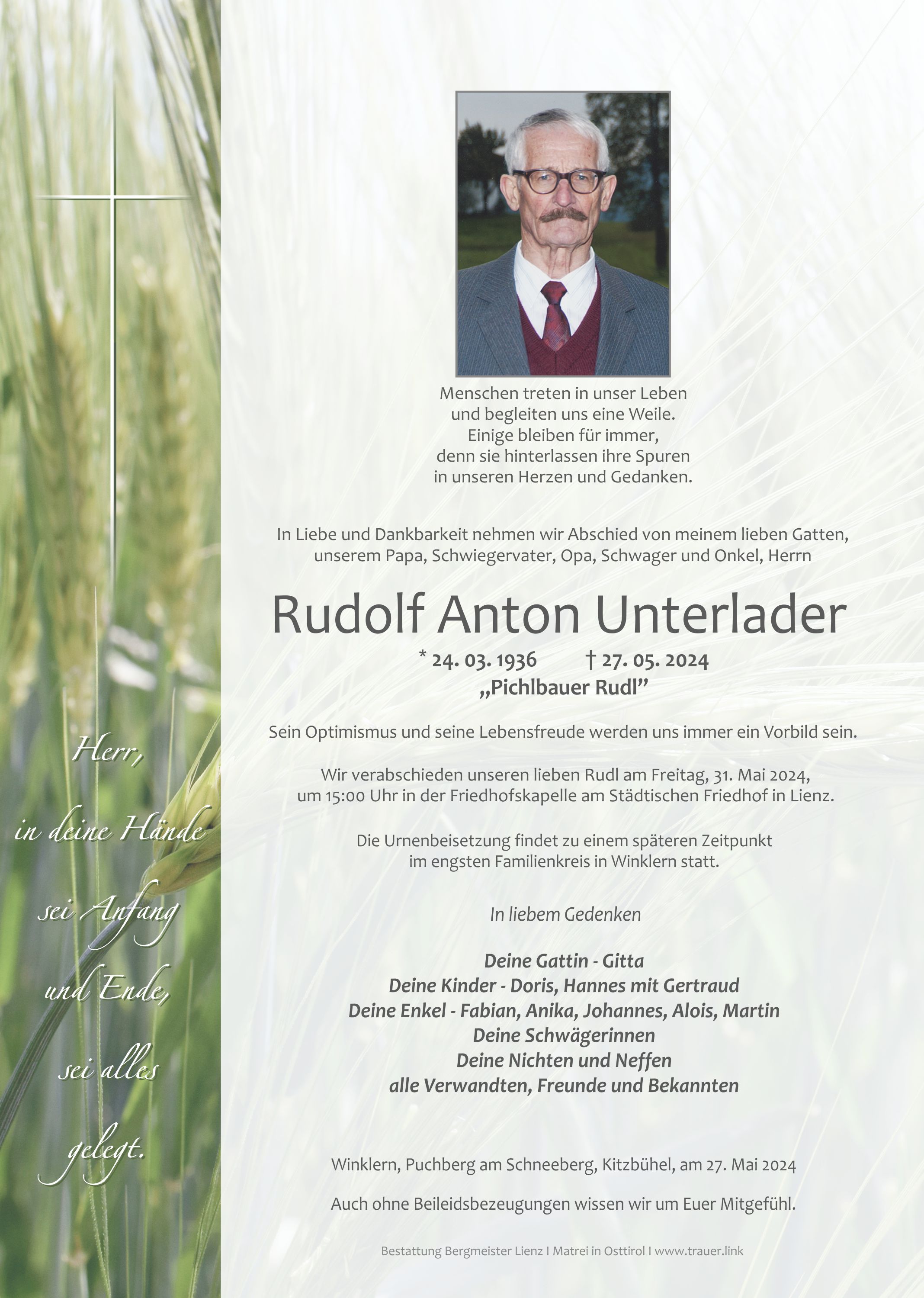 Traueranzeige von Rudolf Anton Unterlader