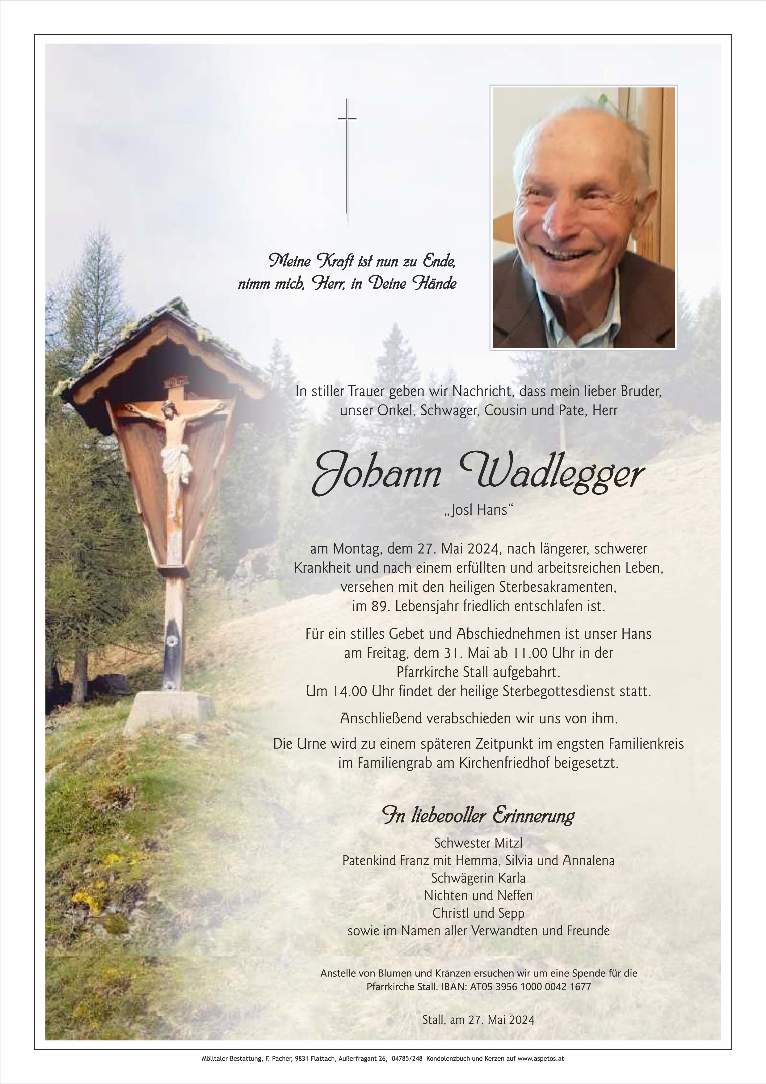 Traueranzeige von Johann Wadlegger
