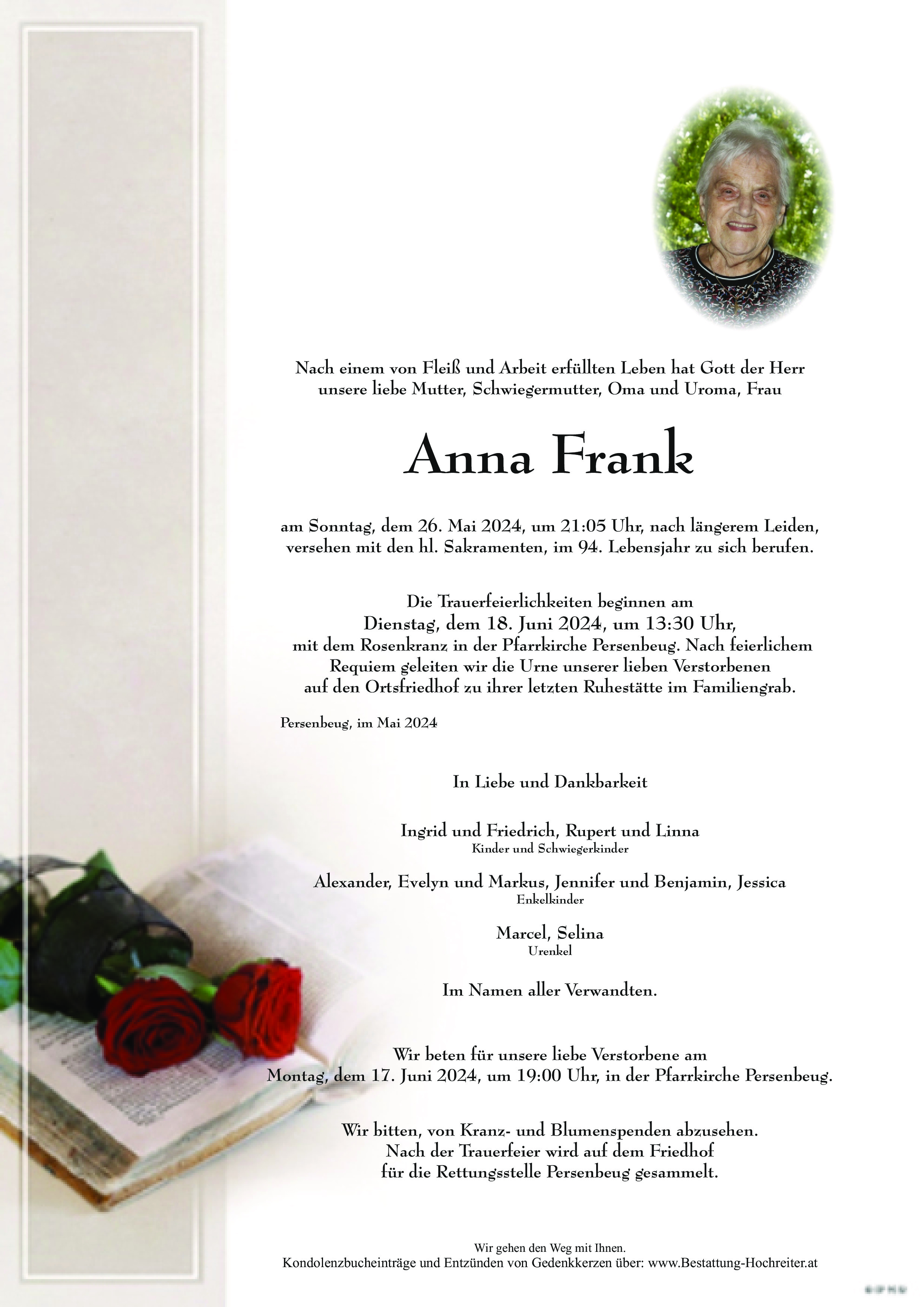 Traueranzeige von Anna Frank