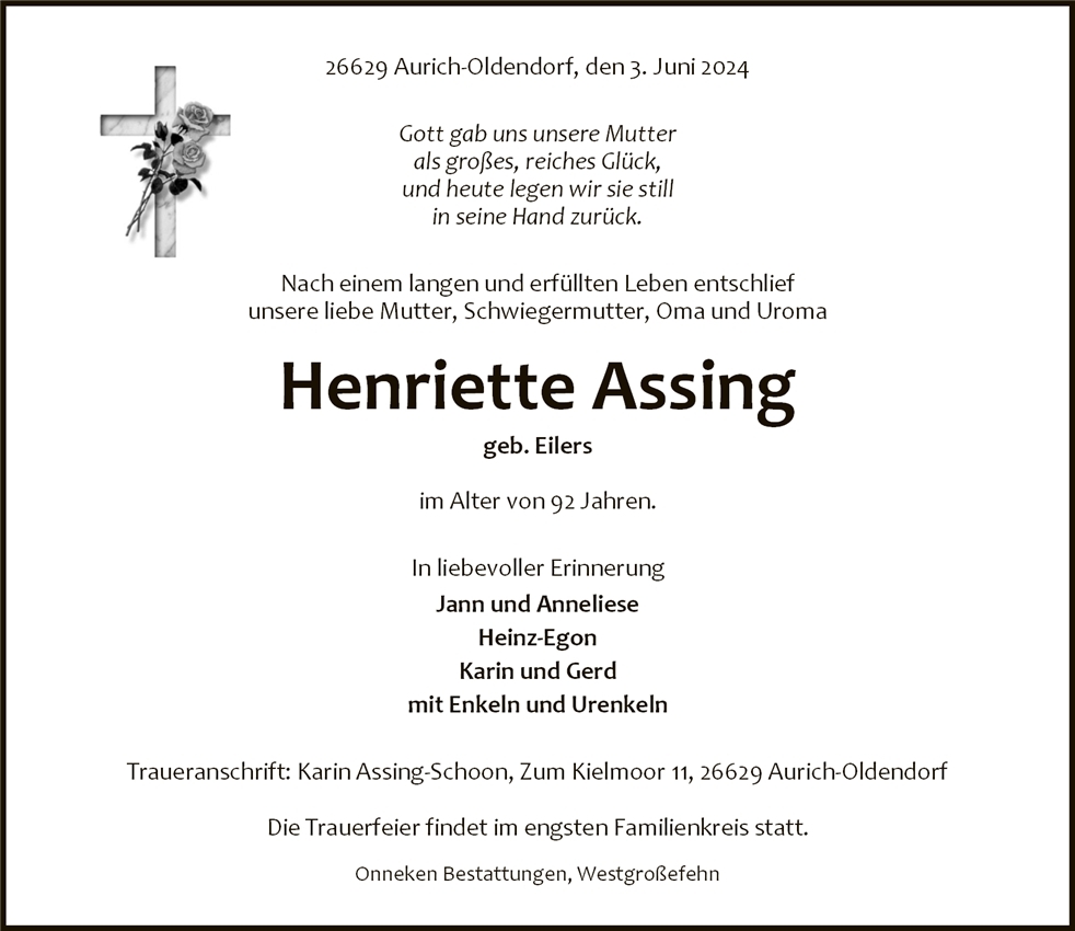 Traueranzeige von Henriette Assing