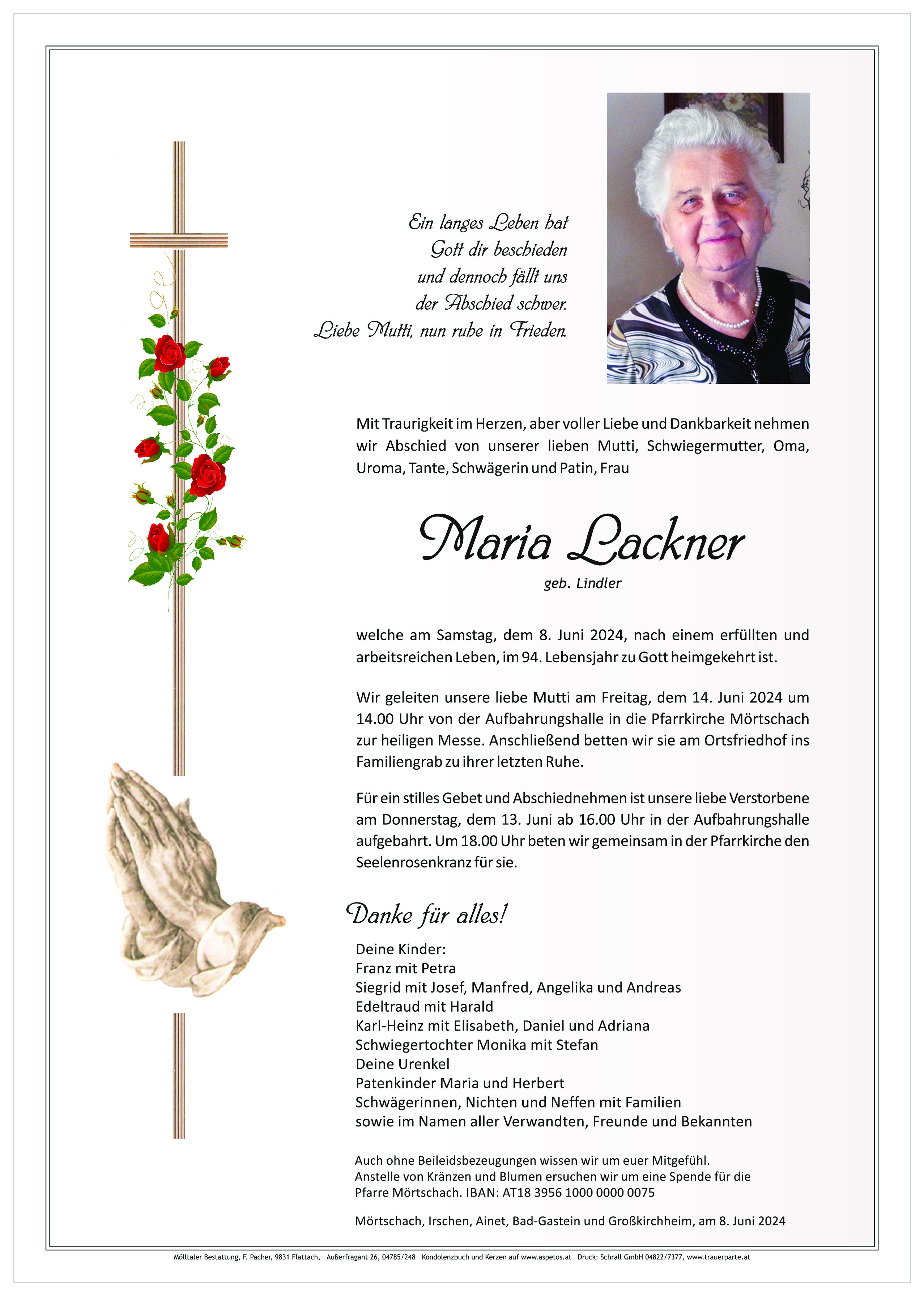 Traueranzeige von Maria Lackner